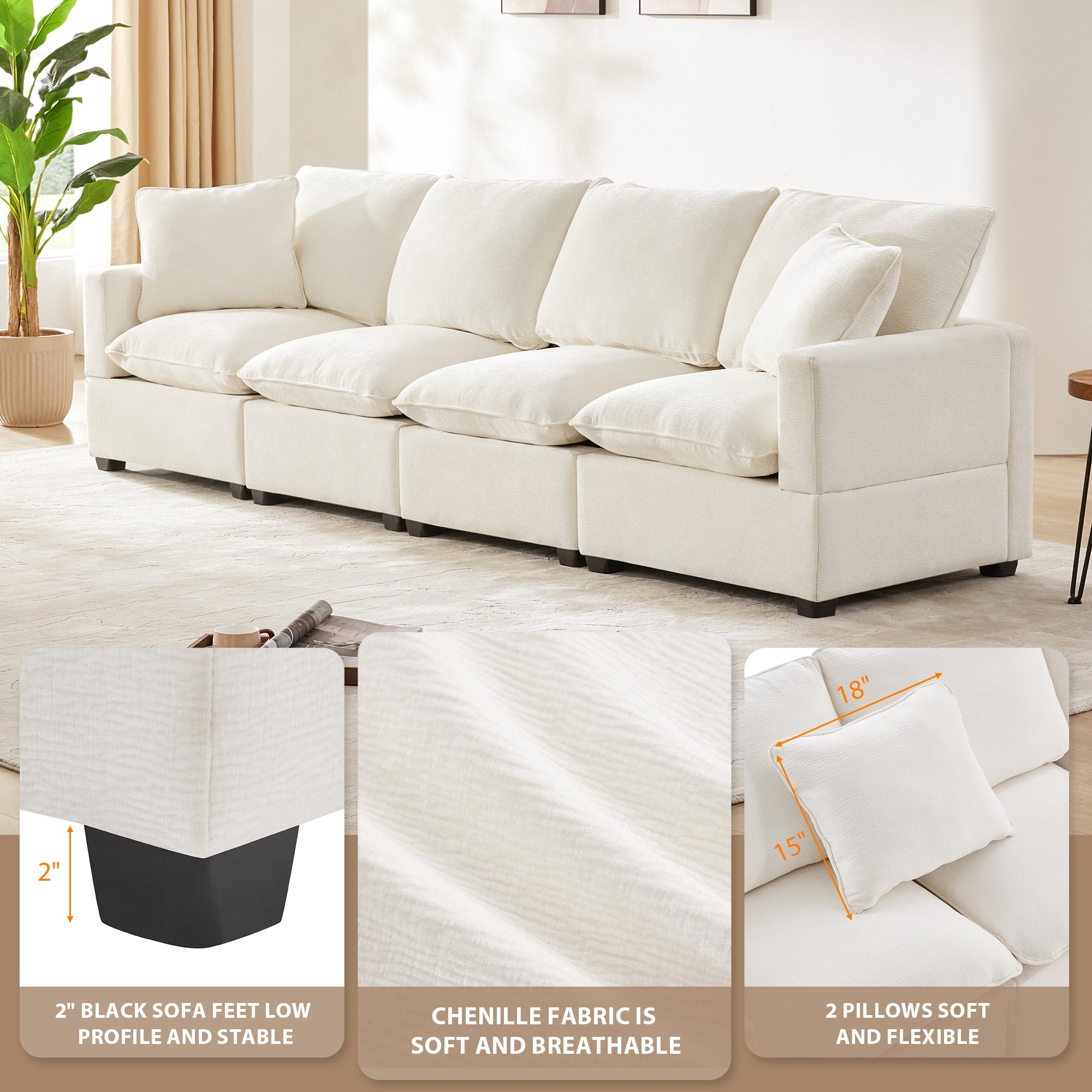 Chenille Modular Sofa with 2 Pillows, Seats 4
