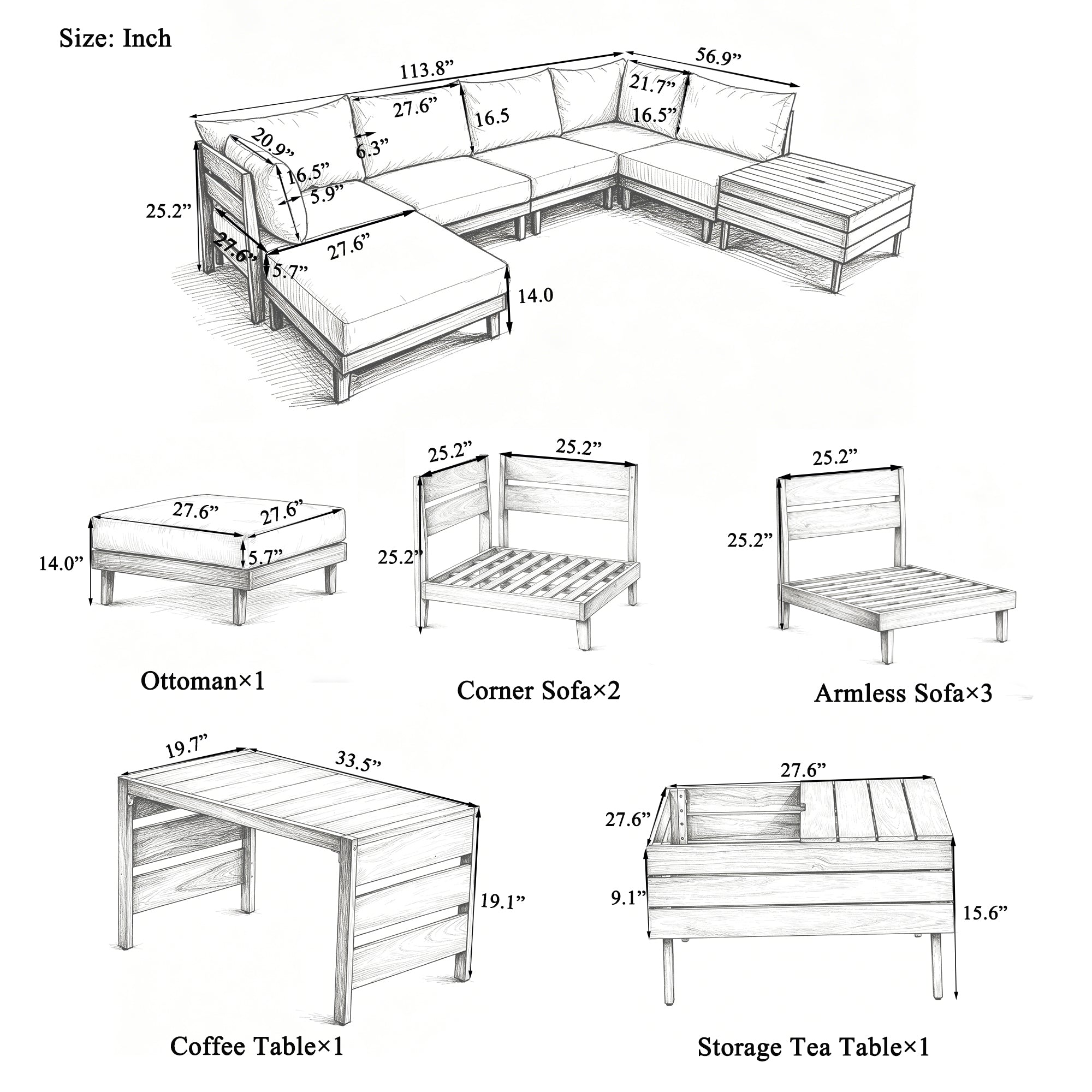 8-Piece Acacia Wood Outdoor Patio Sofa Set, Modular Sectional Furniture Set With Storage Tea Table, Coffee Table And Cushions