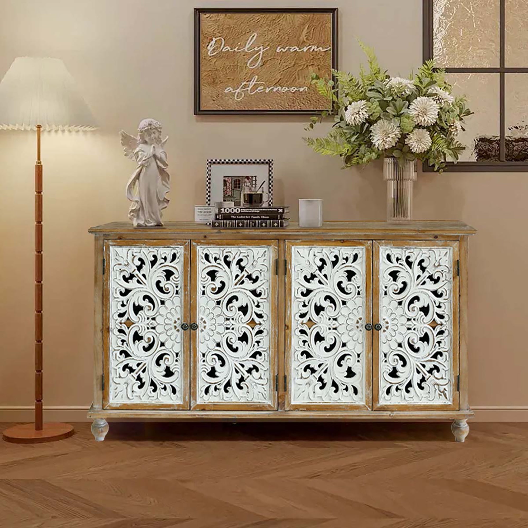 Accent Cabinet with 4 Carved Floral Doors