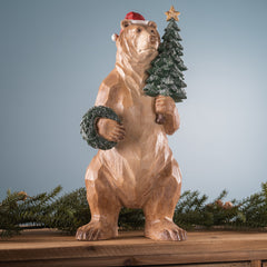 Bear with Pine Tree and Wreath Statue 18.5"