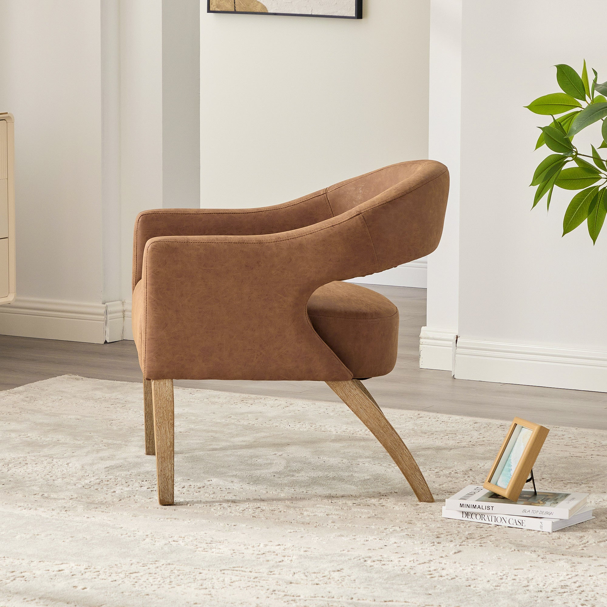 Mid-Century Modern Vegan Leather Open Back Accent Chair with Rubberwood Legs