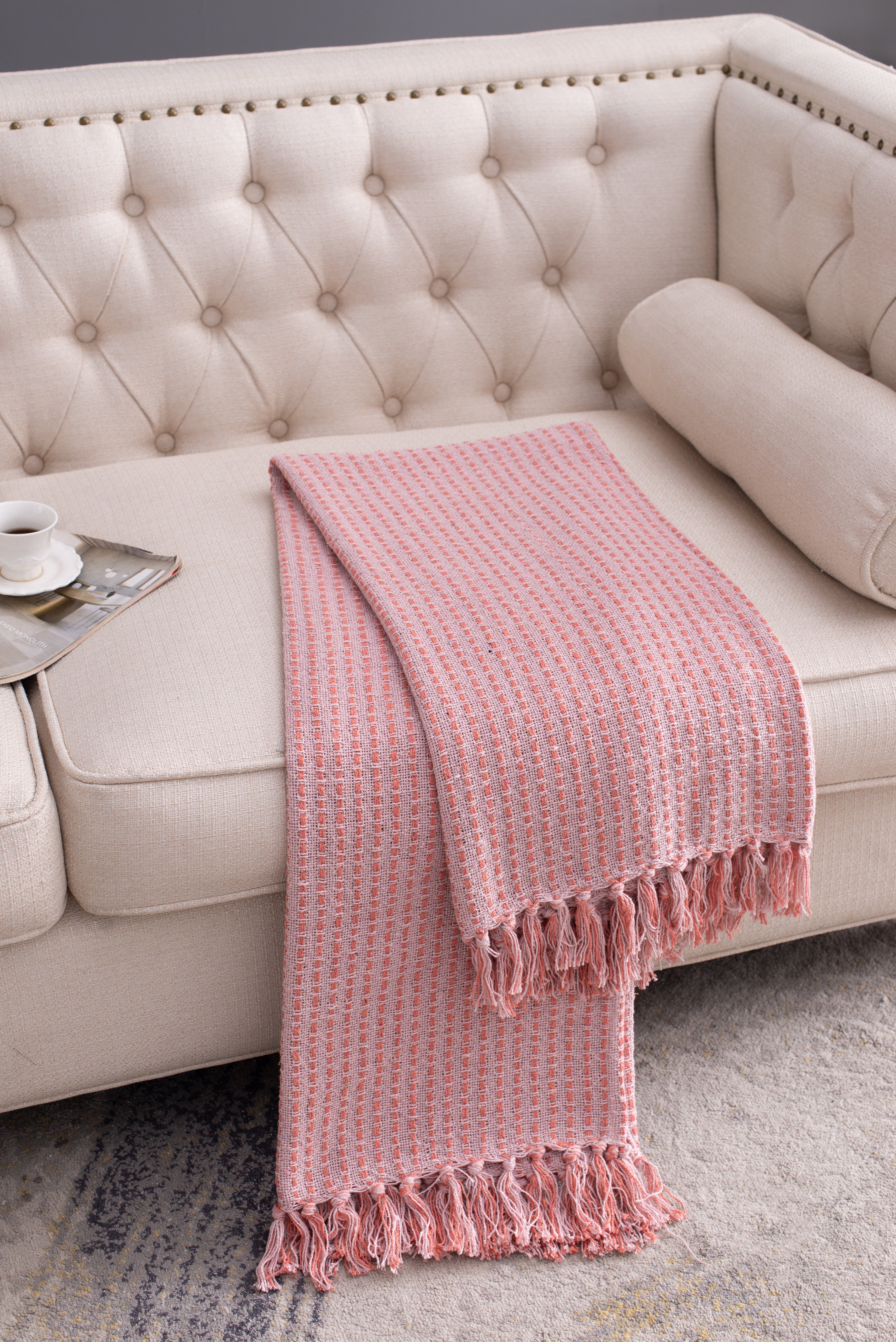 50x60' Decorative Pink Cotton Throw Blanket with Tassels, 2 Pack