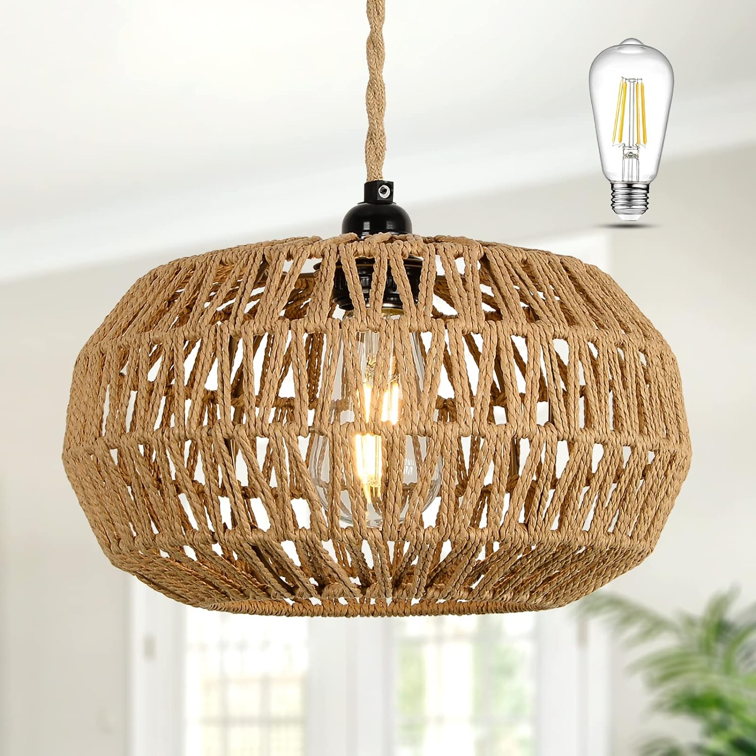 Pendant Light with Rope Cage Basket and Adjustable Height