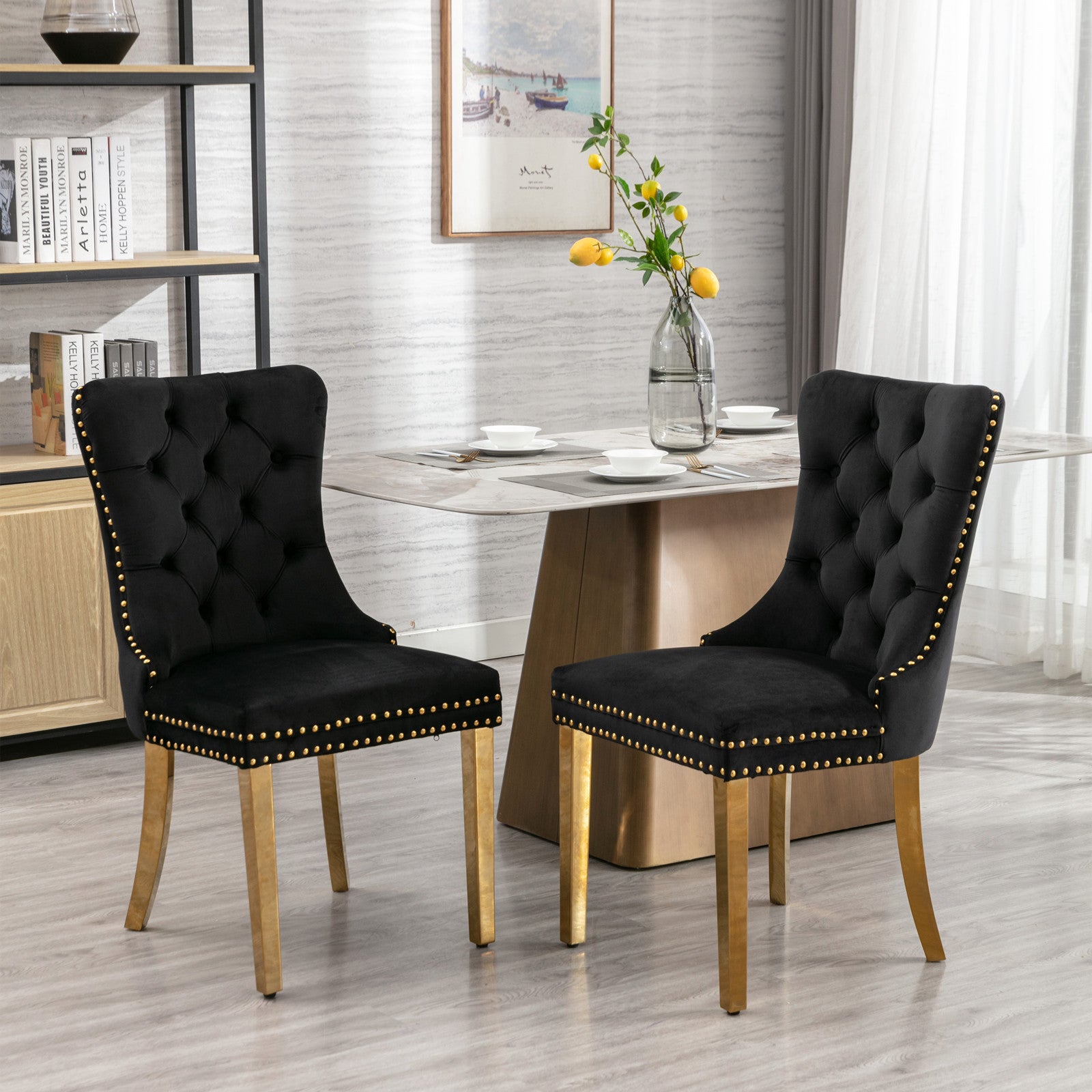 Nikki Tufted Velvet Upholstered Dining Chair with Golden Stainless Steel Plating Legs, Set of 2