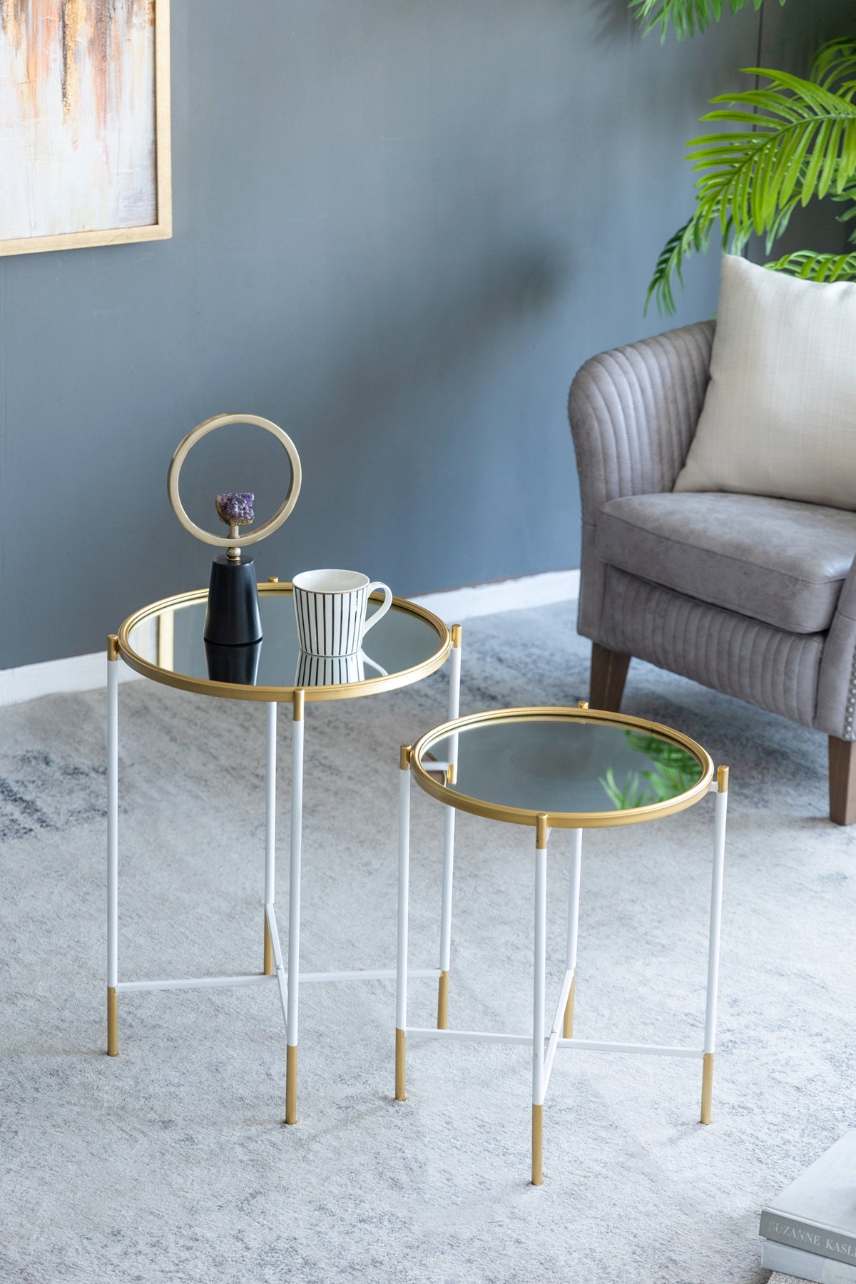 Set of 2 Mirrored Top Side Tables - Gold and White