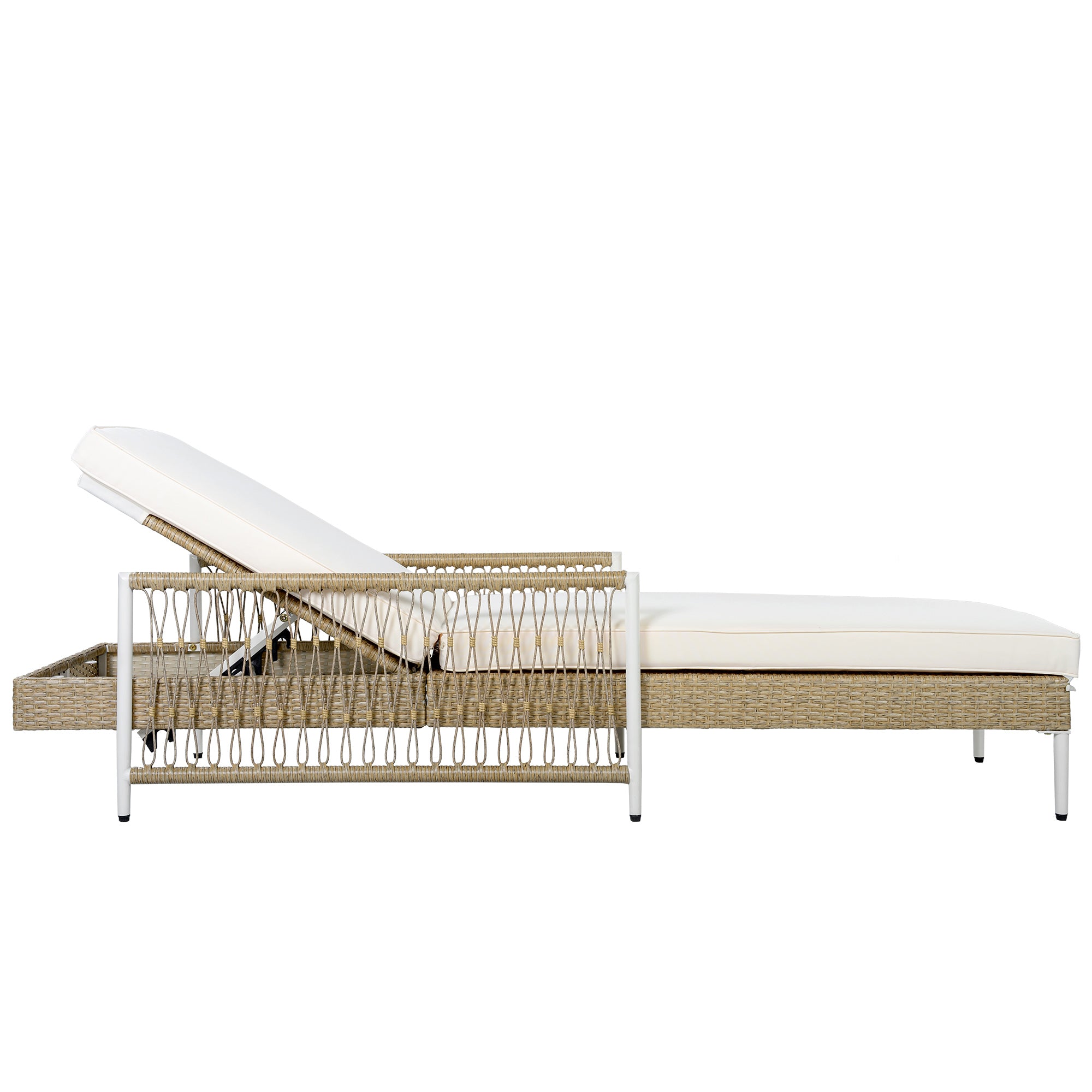 Outdoor All-Weather PE Rattan Chaise Lounge with 6 Gear Adjustable Recliner, Arms and Cushion