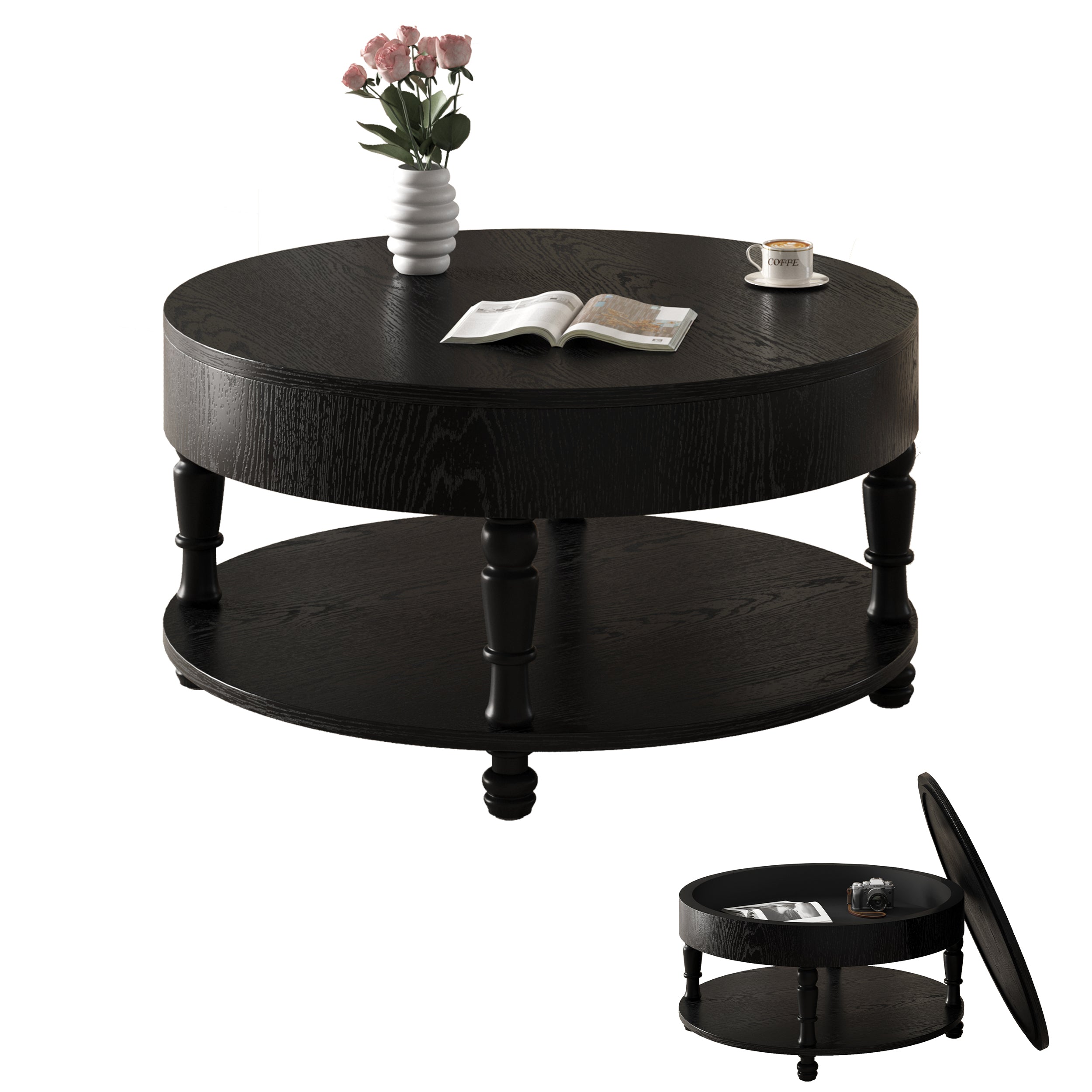 Traditional Round Coffee Table with Storage and Hidden Compartment