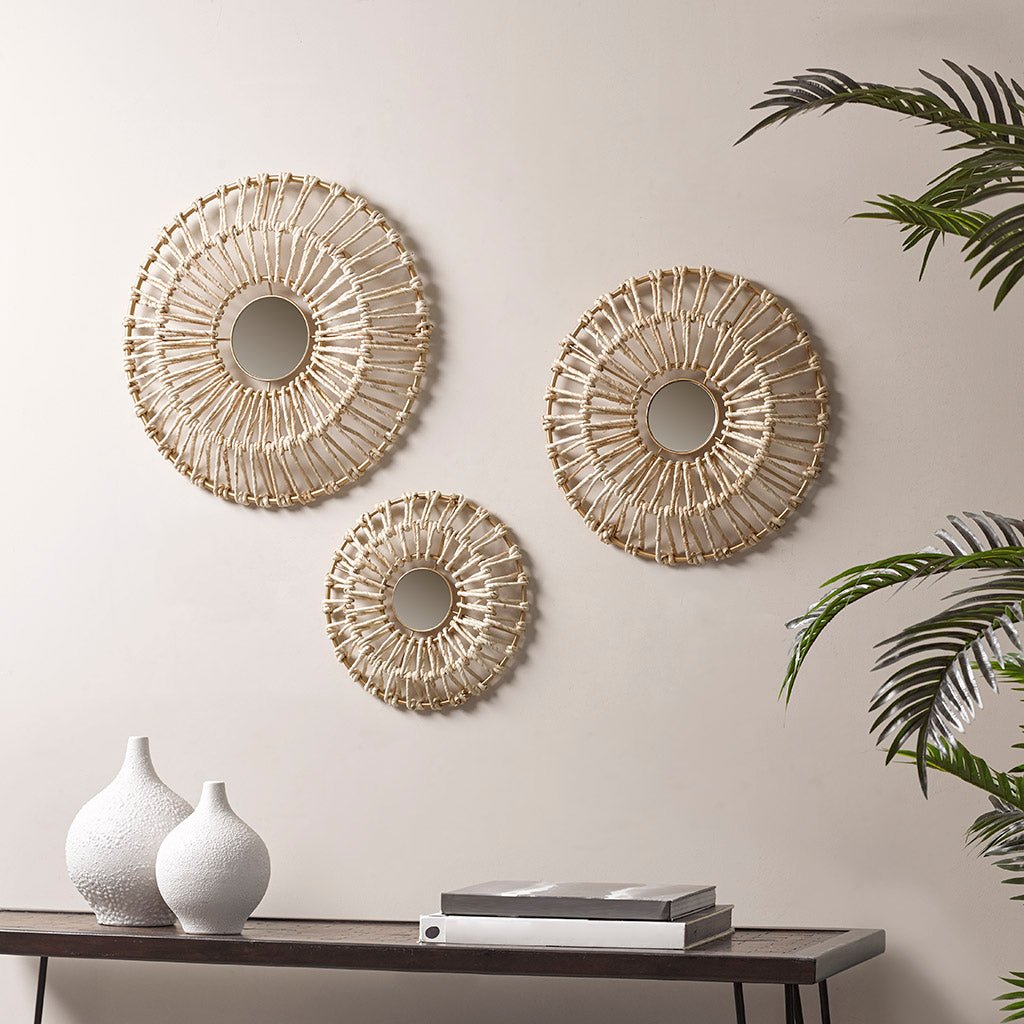 3 - Piece Wall Art Set with Metal Frame and Mirror Glass in Center - Wall Decor