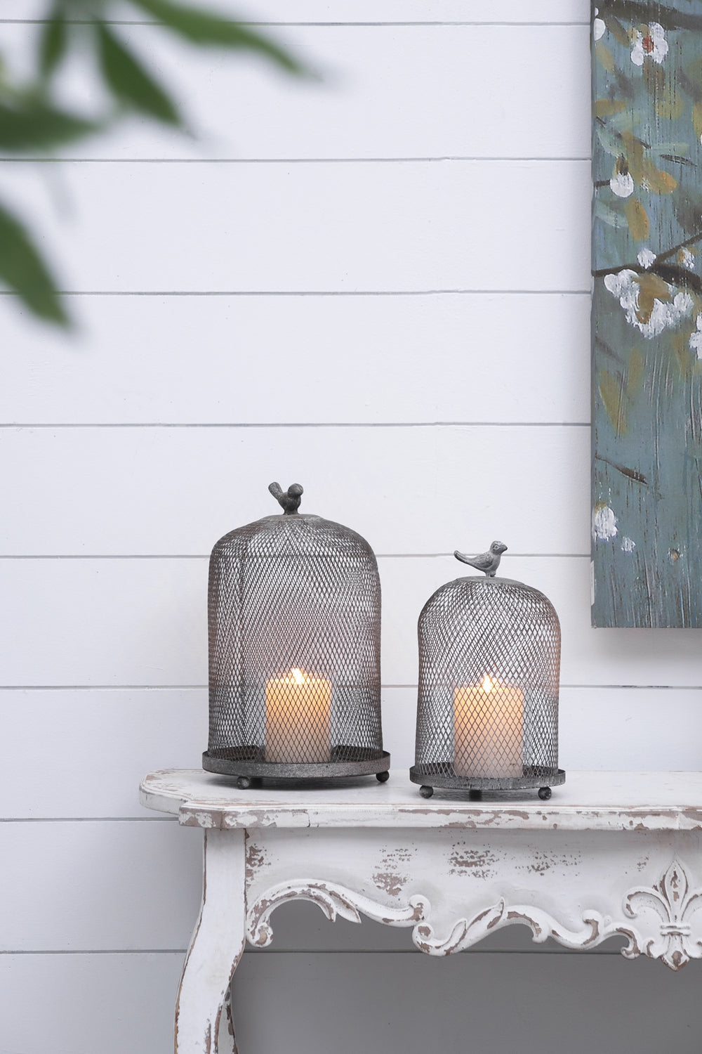 Candle Holder with a Bird Atop Domed Mesh, Set of 2