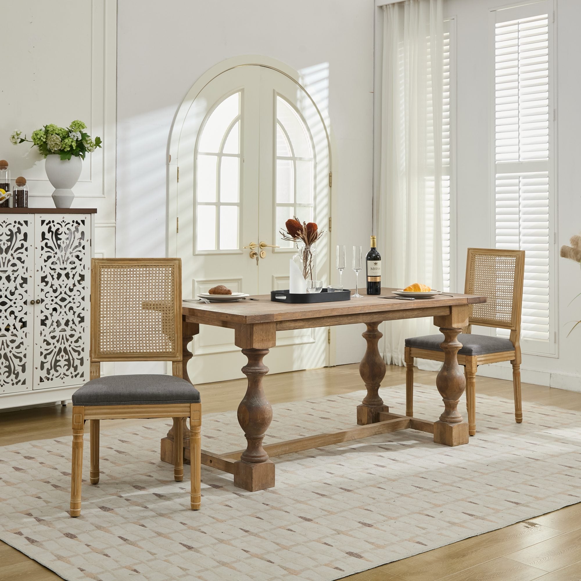 Louis French Country Dining Chairs with Square Rattan Backrest, Set of 2