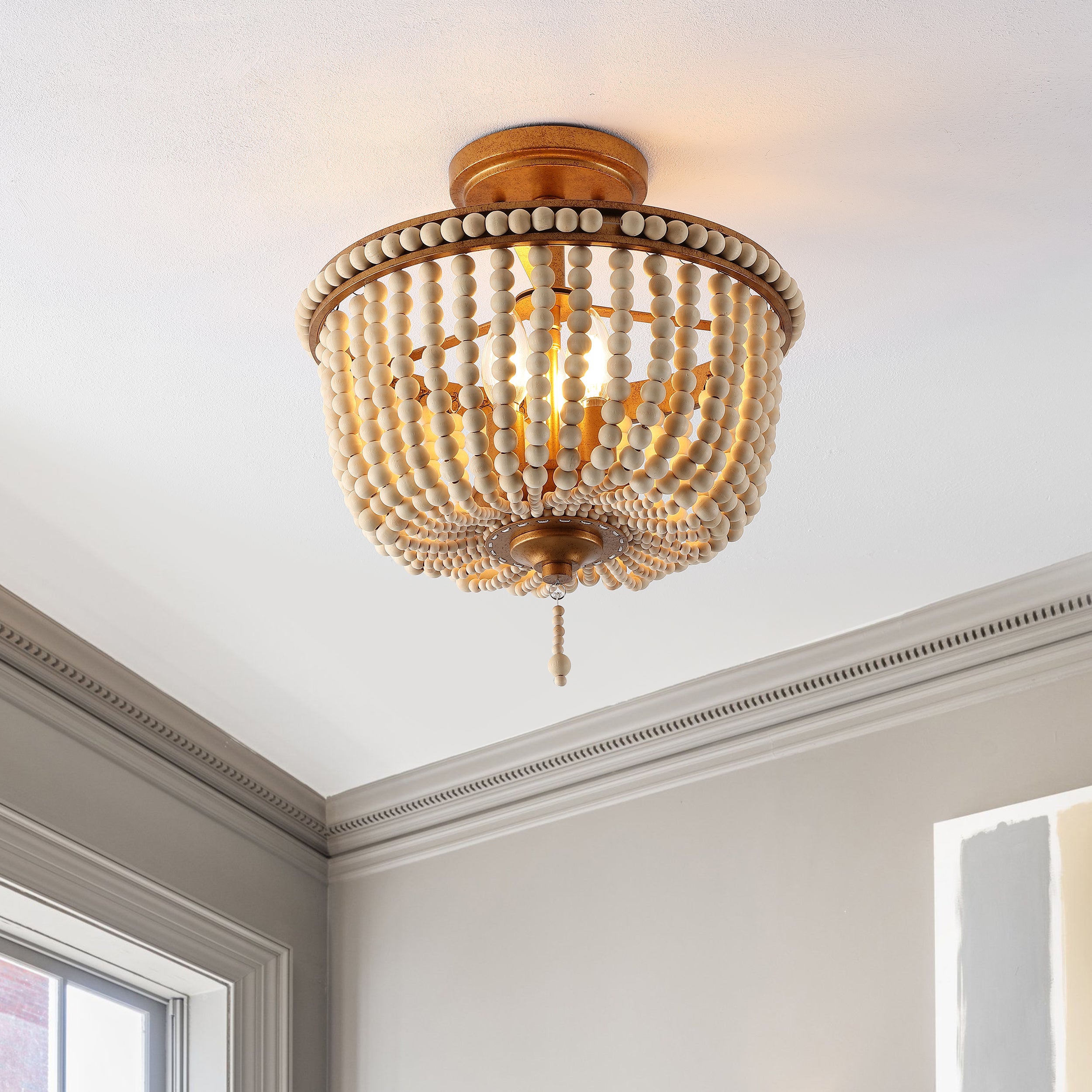 Allie 3-Light Bohemian Farmhouse Wood Bead/Iron LED Semi Flush Mount