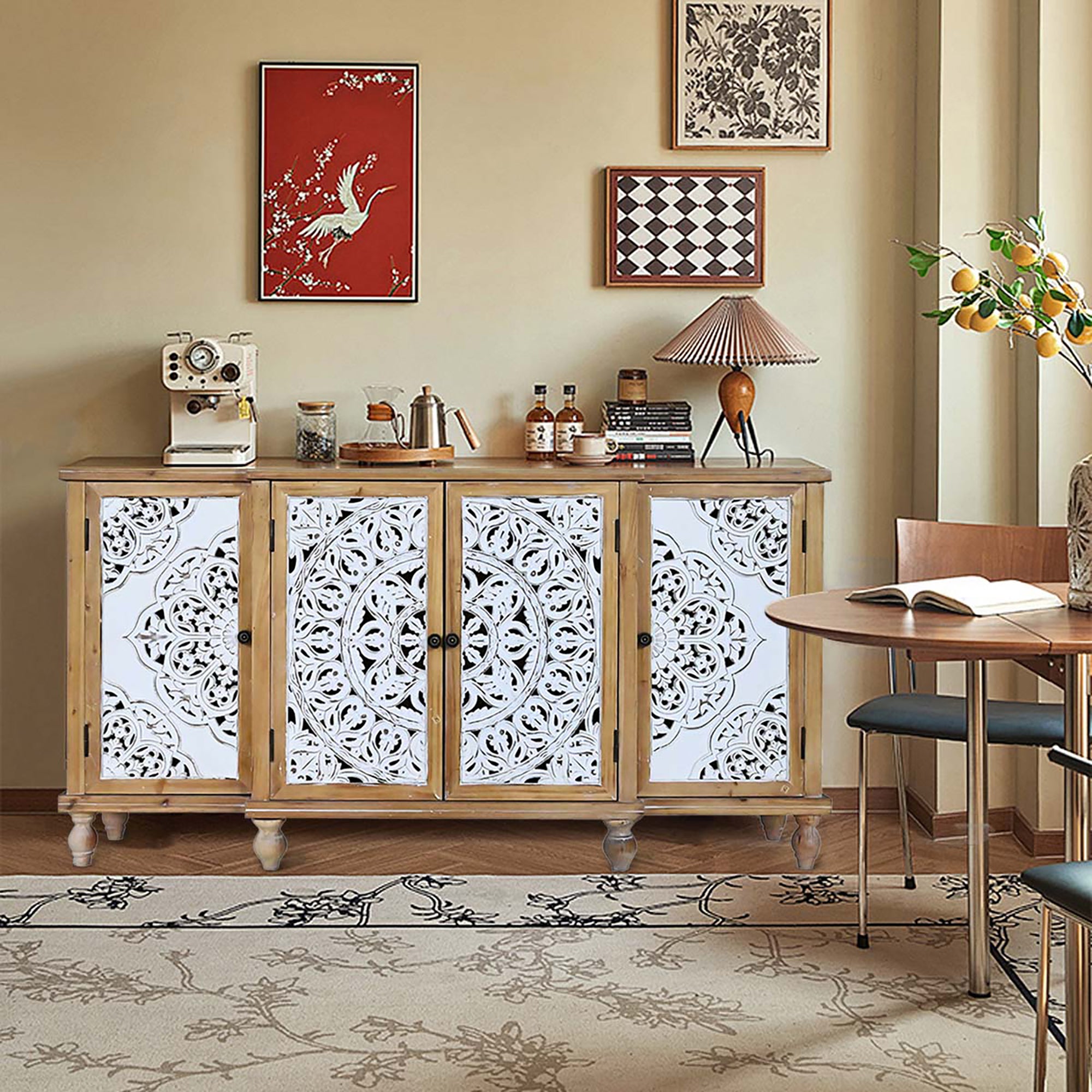 4-Door Hollow-Carved Accent Cabinet with Adjustable Shelves