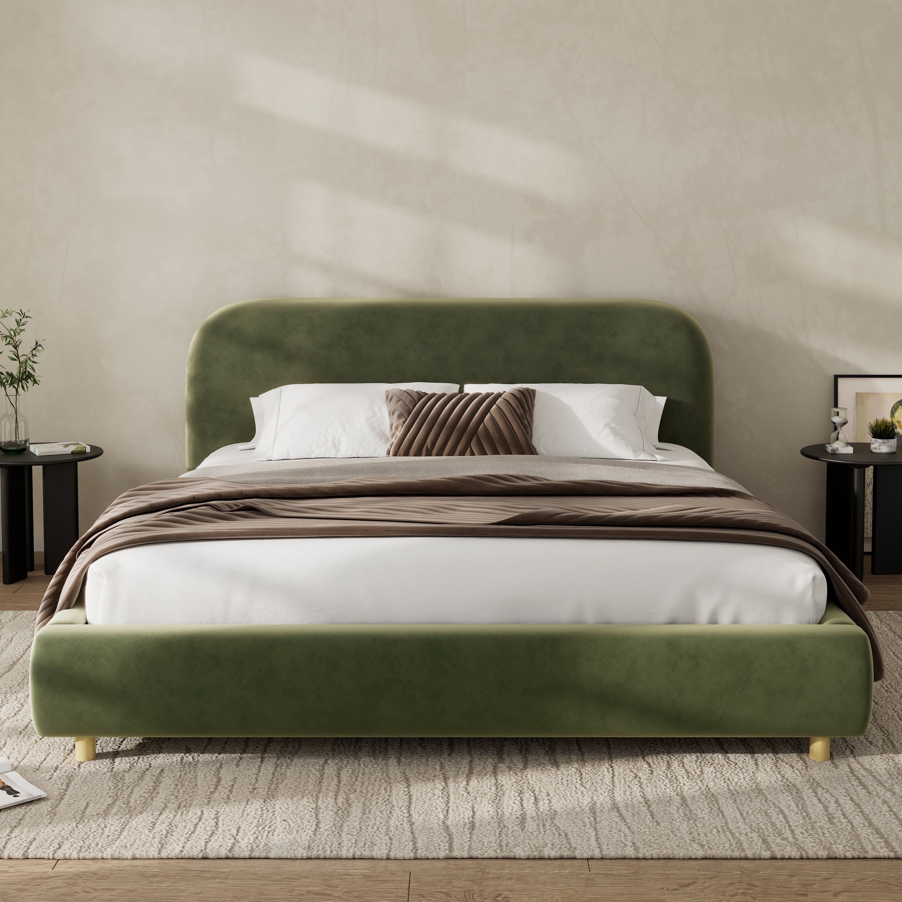 Olive Green Velvet Upholstered Platform Bed with Curve-Shaped Design Headboard