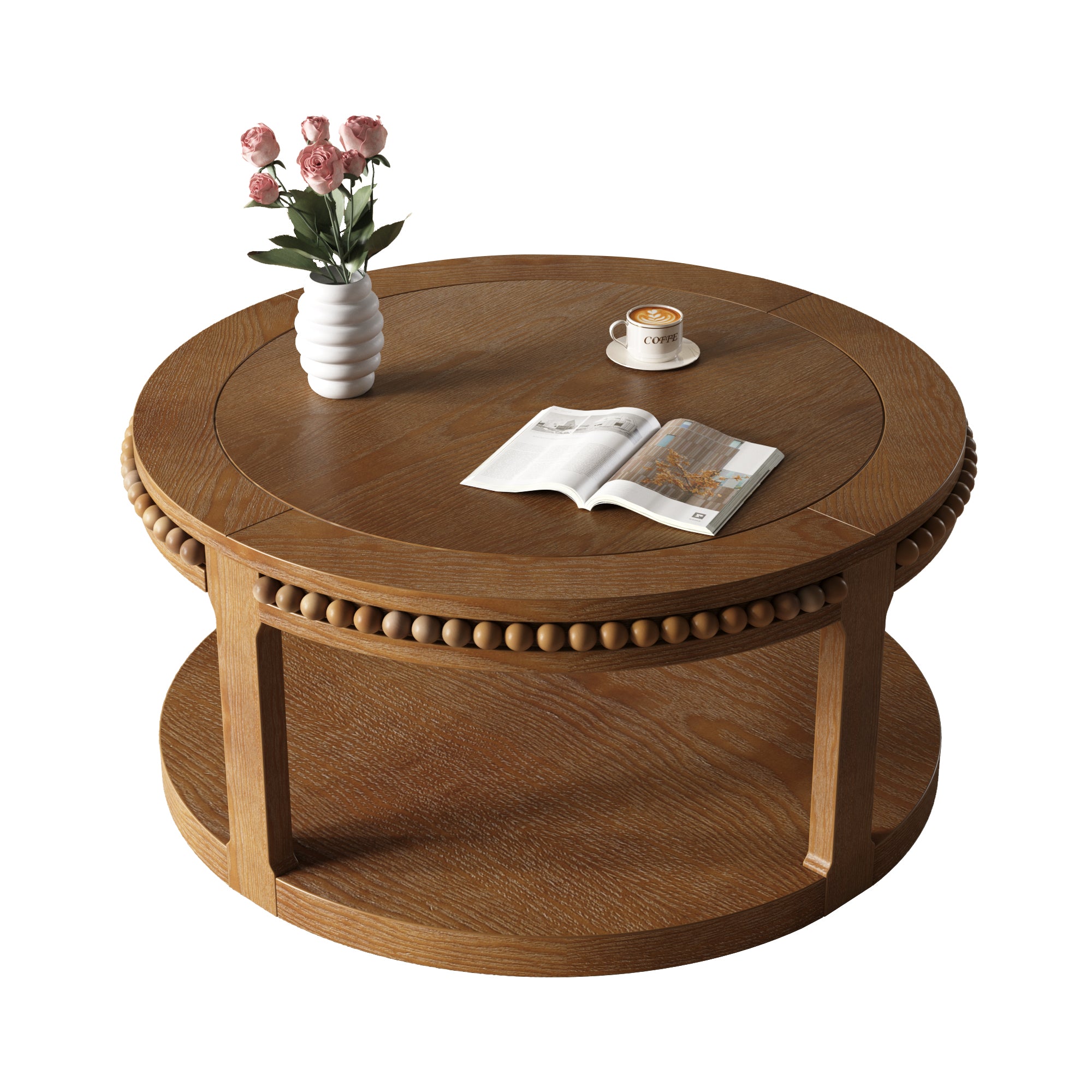 Round Solid Wood Coffee Table with Beaded Accent Edge