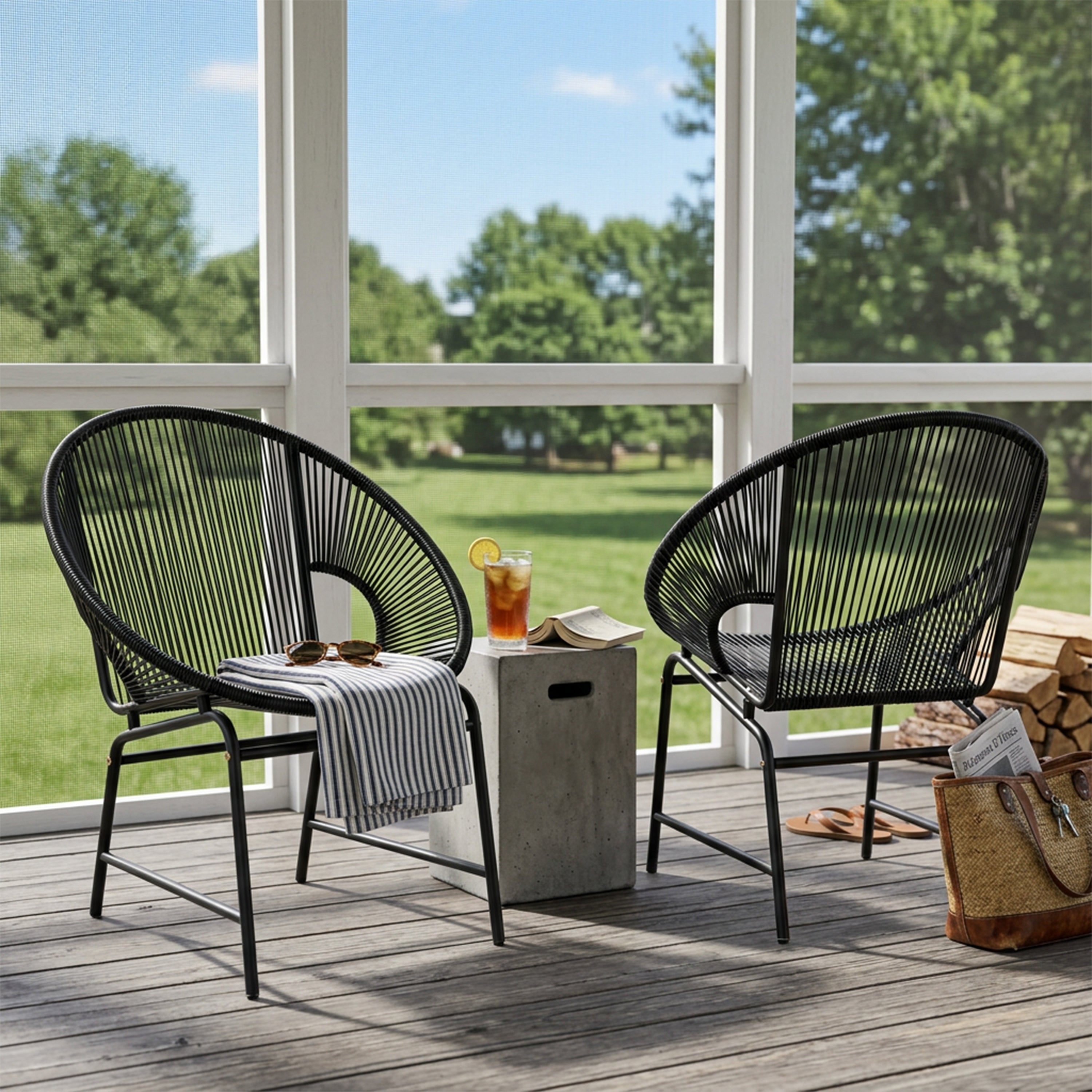 NUSA OUTDOOR PATIO WICKER CHAIR, TEAL PE RATTAN & IRON FRAME, SET OF 2