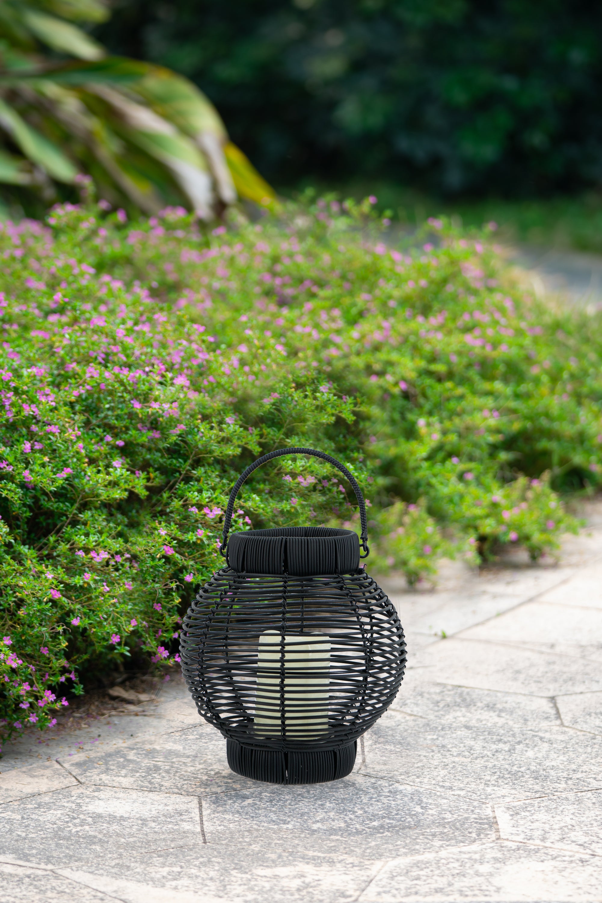 Black Round Rattan Lantern With White LED Candle