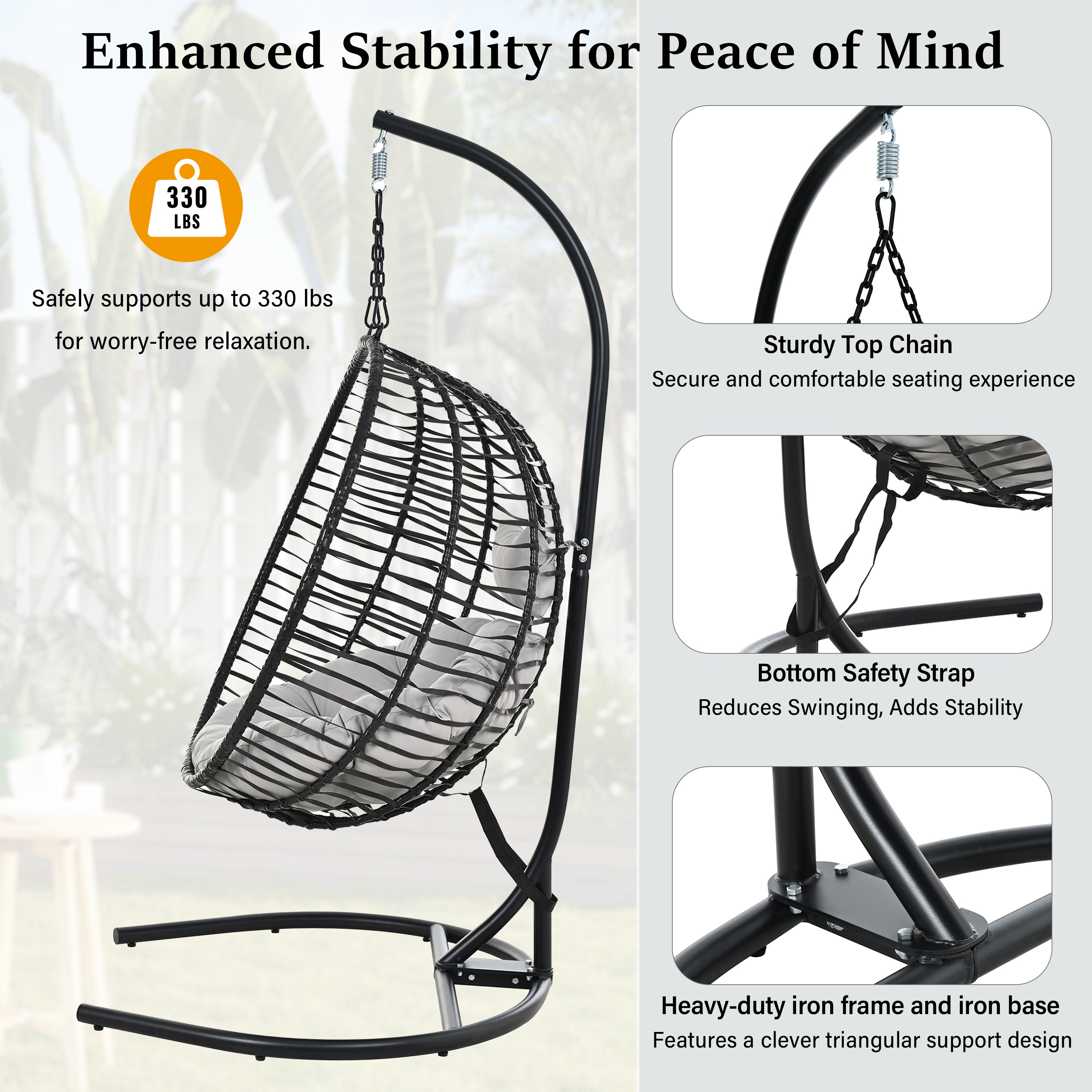 Folding Hanging Swinging Egg Chair with Stand & Tufted Cushion