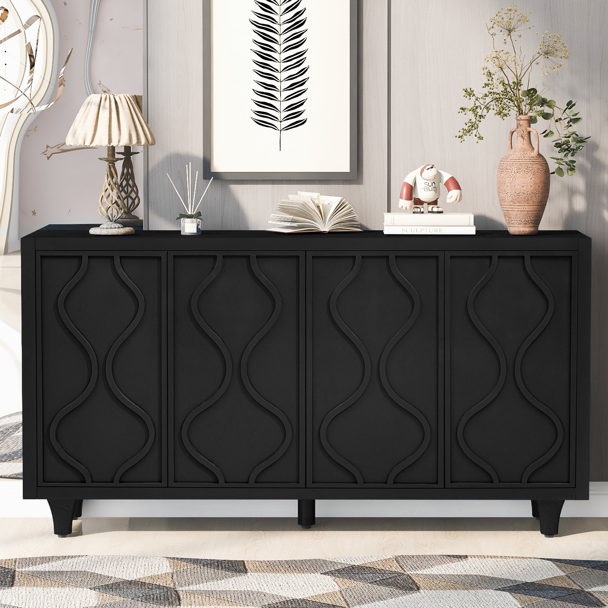 Storage Cabinet Sideboard Wooden Cabinet with Embossed Curved Doors