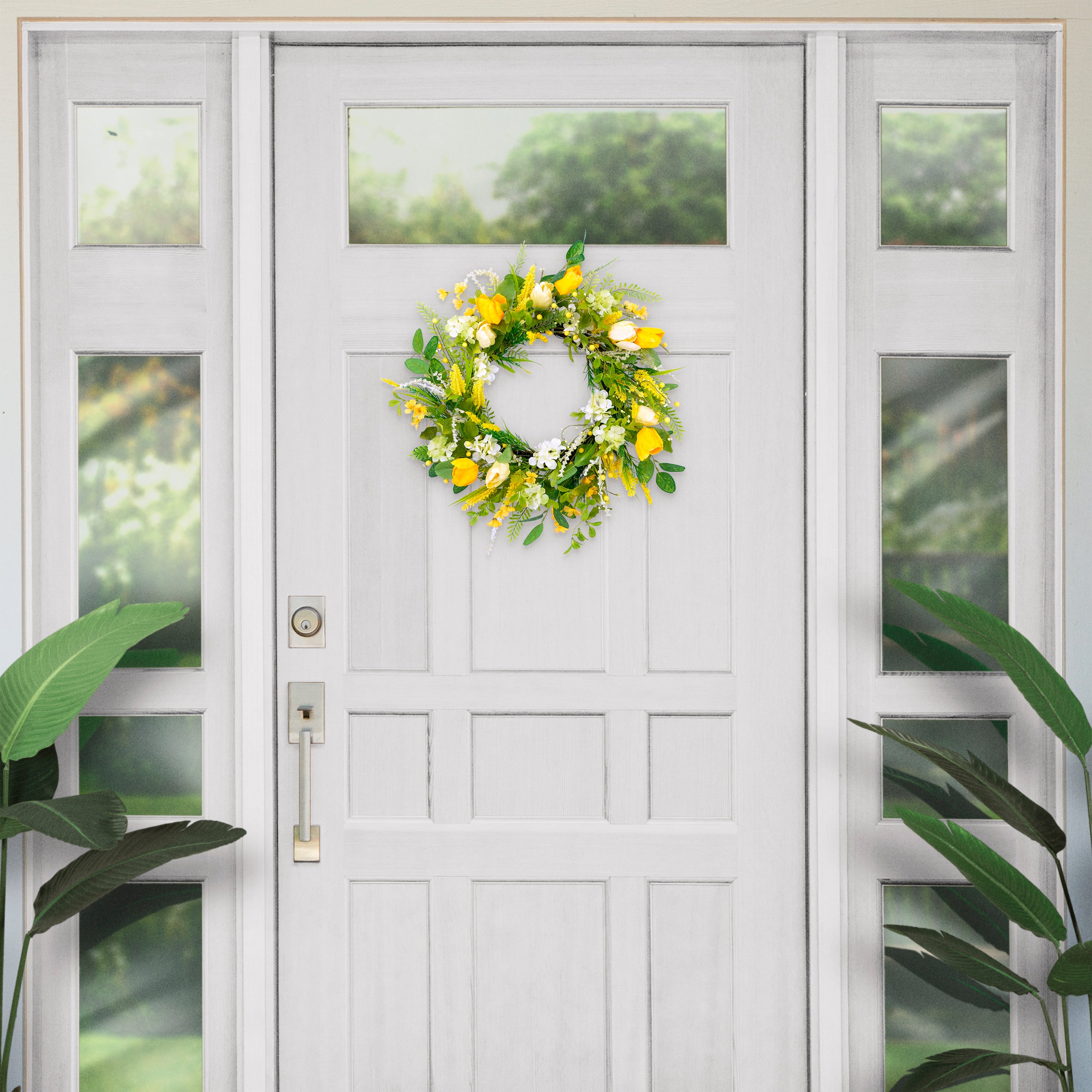 24" Artificial Green and Yellow Tulip Floral Spring Door Wreath