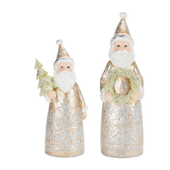 Gold-Floral-Pattern-Santa-Figurine-with-Pine-Accent-(set-of-2)-Gold-Decor