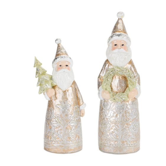 Gold-Floral-Pattern-Santa-Figurine-with-Pine-Accent,-Set-of-2-Decor
