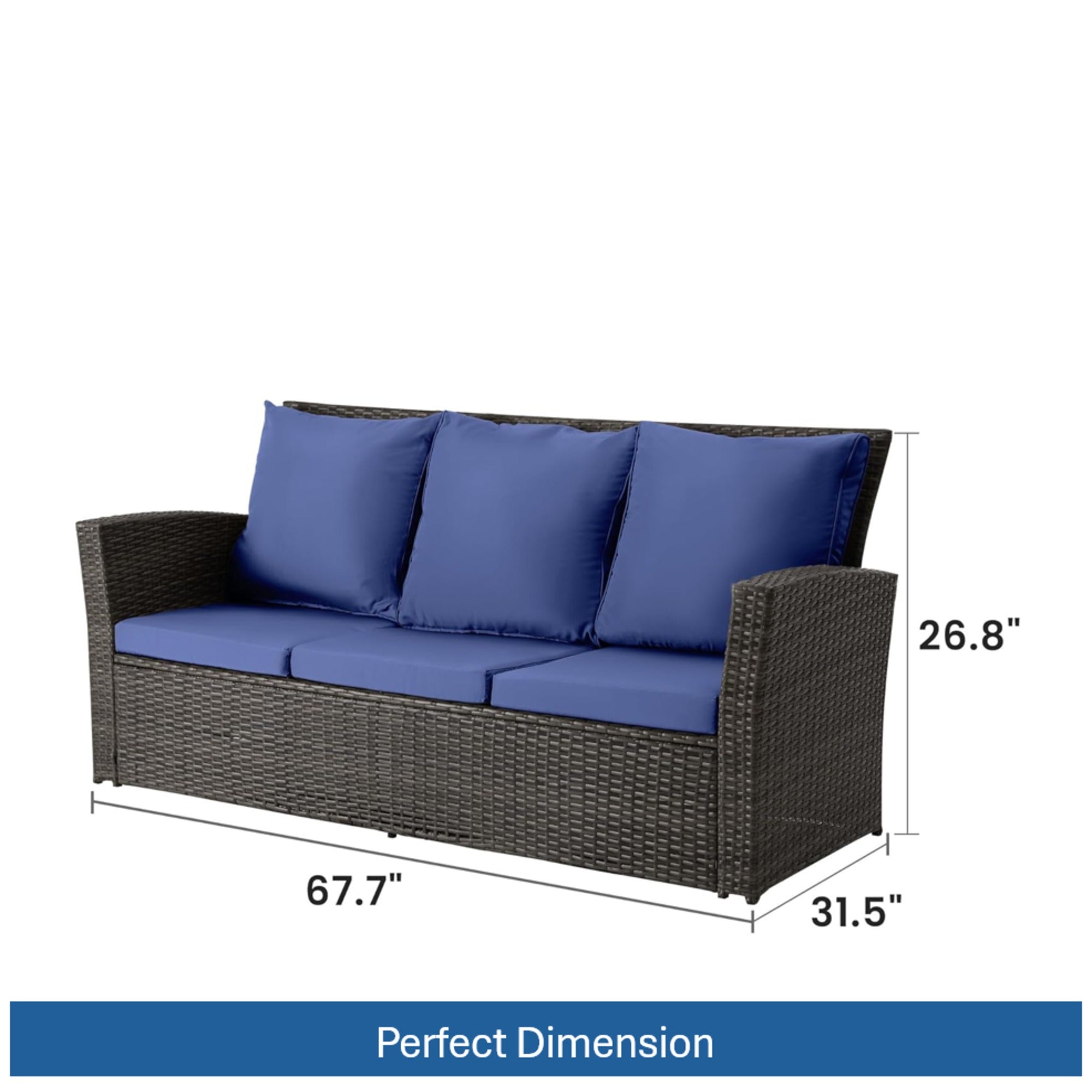 All-Weather Wicker 3-Seat Patio Sofa with Thick Gray Cushions & Black Iron Frame, 67.7'