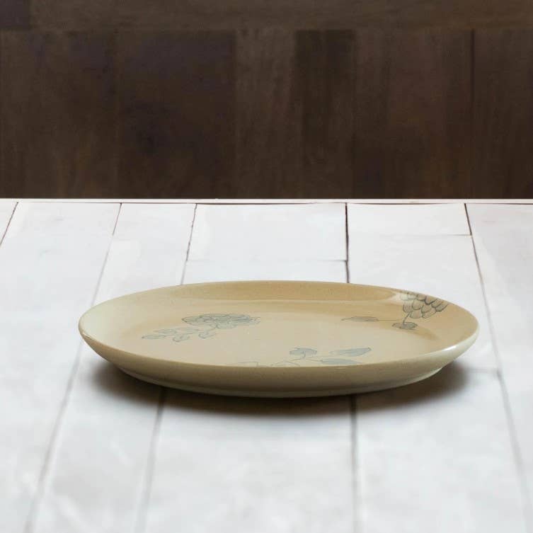 Off-White Round Ceramic Floral Dinner Plate