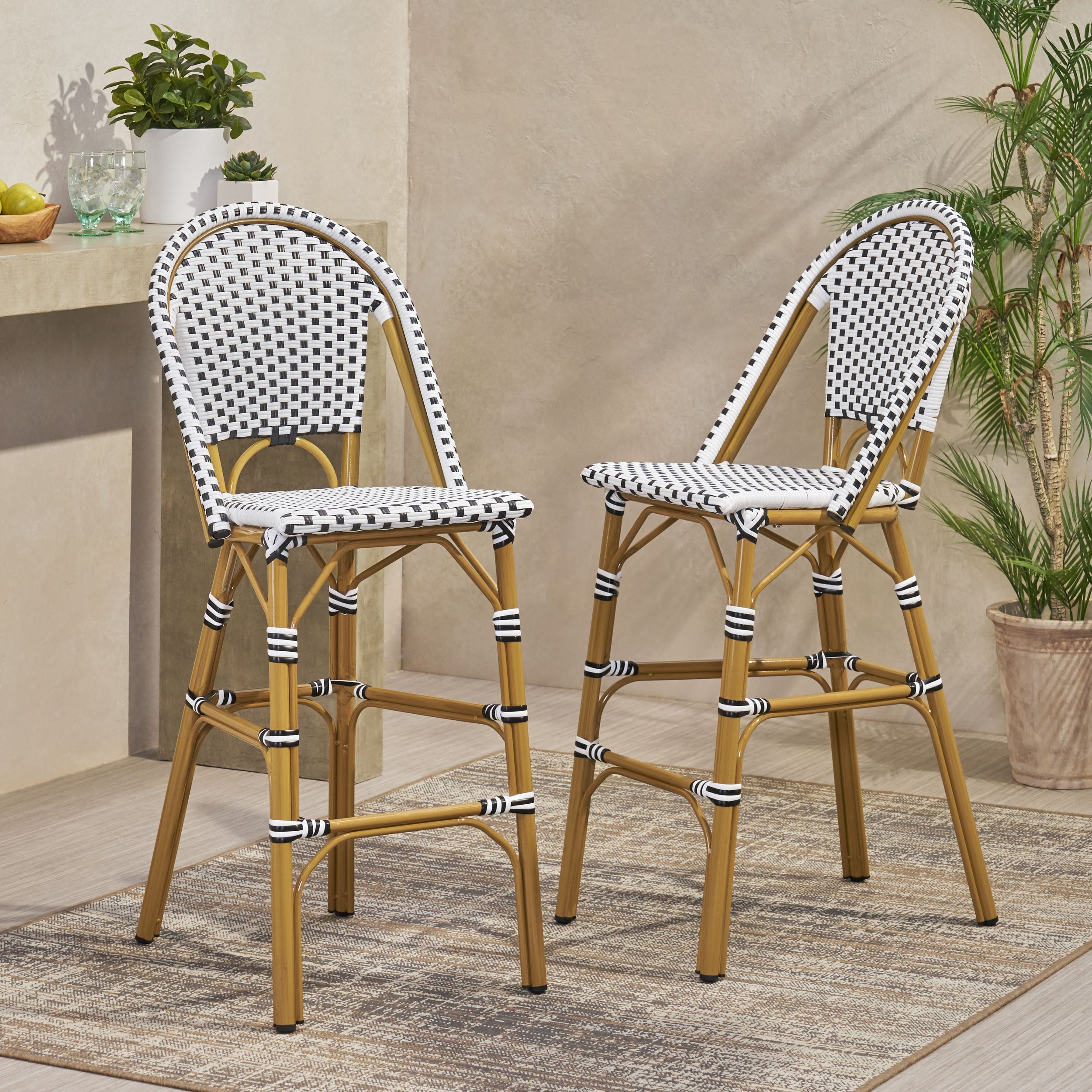 Solara French Bistro Outdoor Rattan Barstool, Set of 2