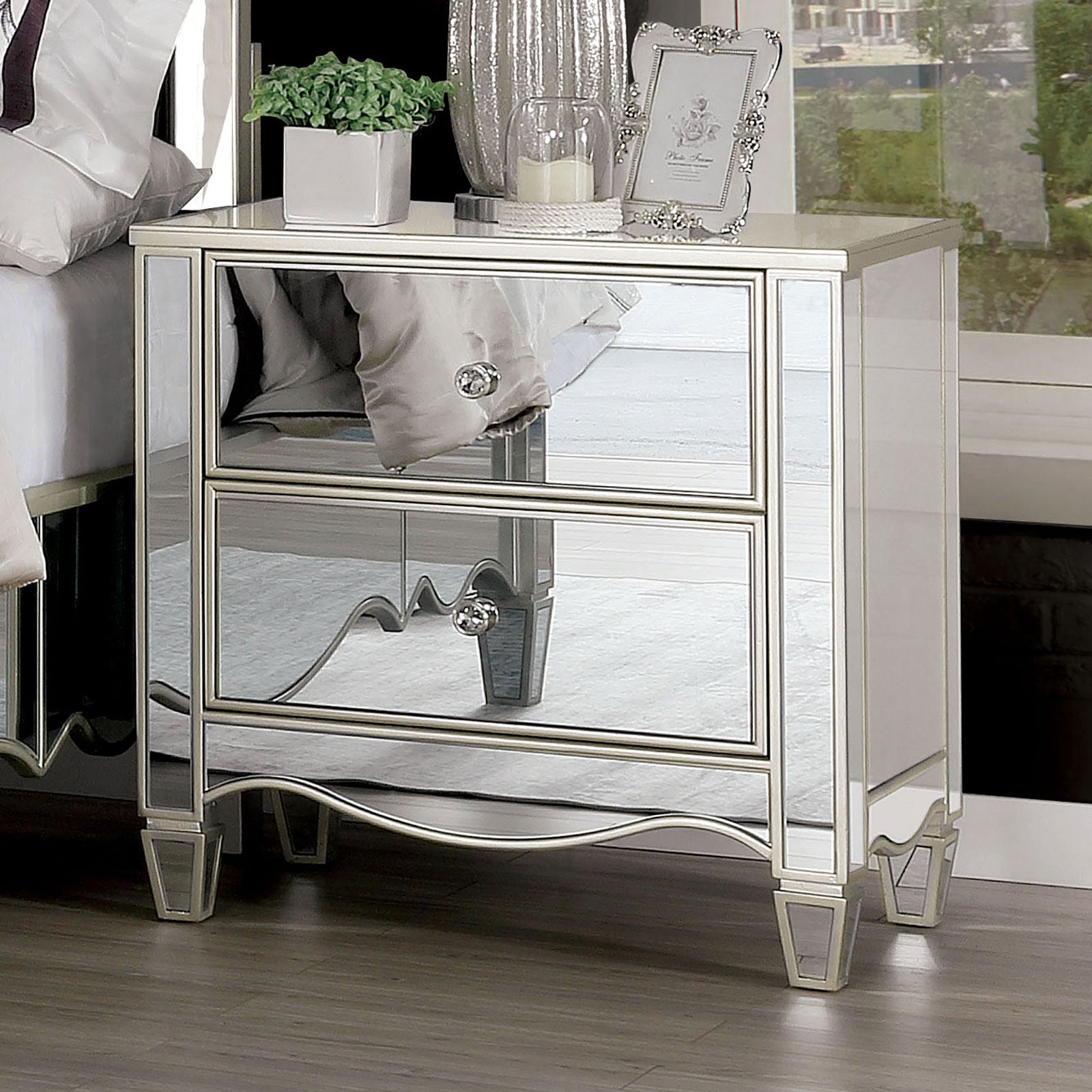 Glam Mirrored Nightstand with Crystal Drawer Knobs