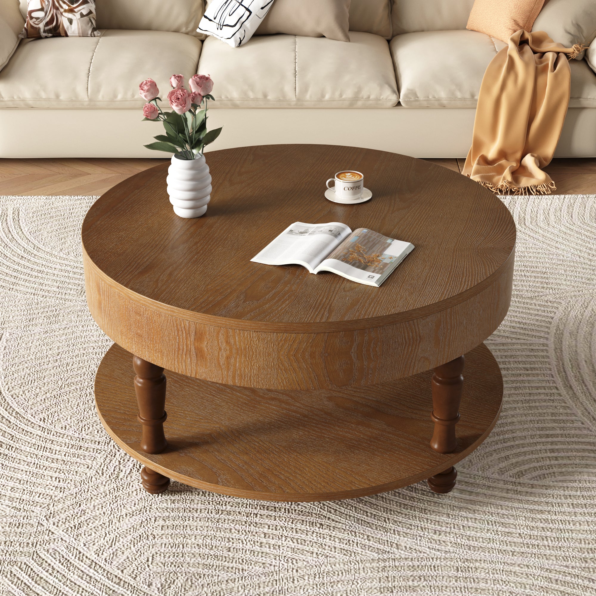 Traditional Round Coffee Table with Storage and Hidden Compartment