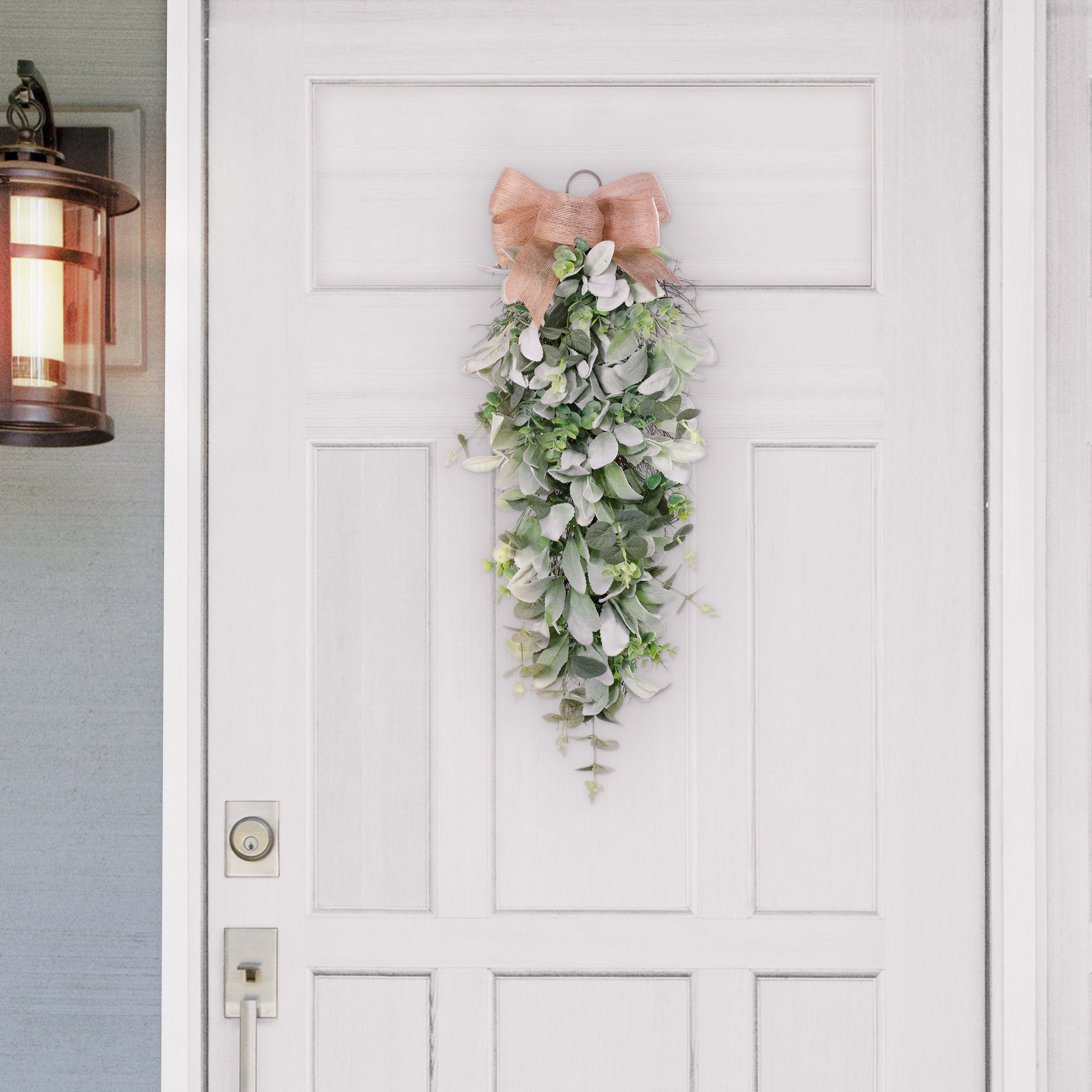 30" Front Door Swag with Burlap Bow & Lambs Ear & Greenery Leaves