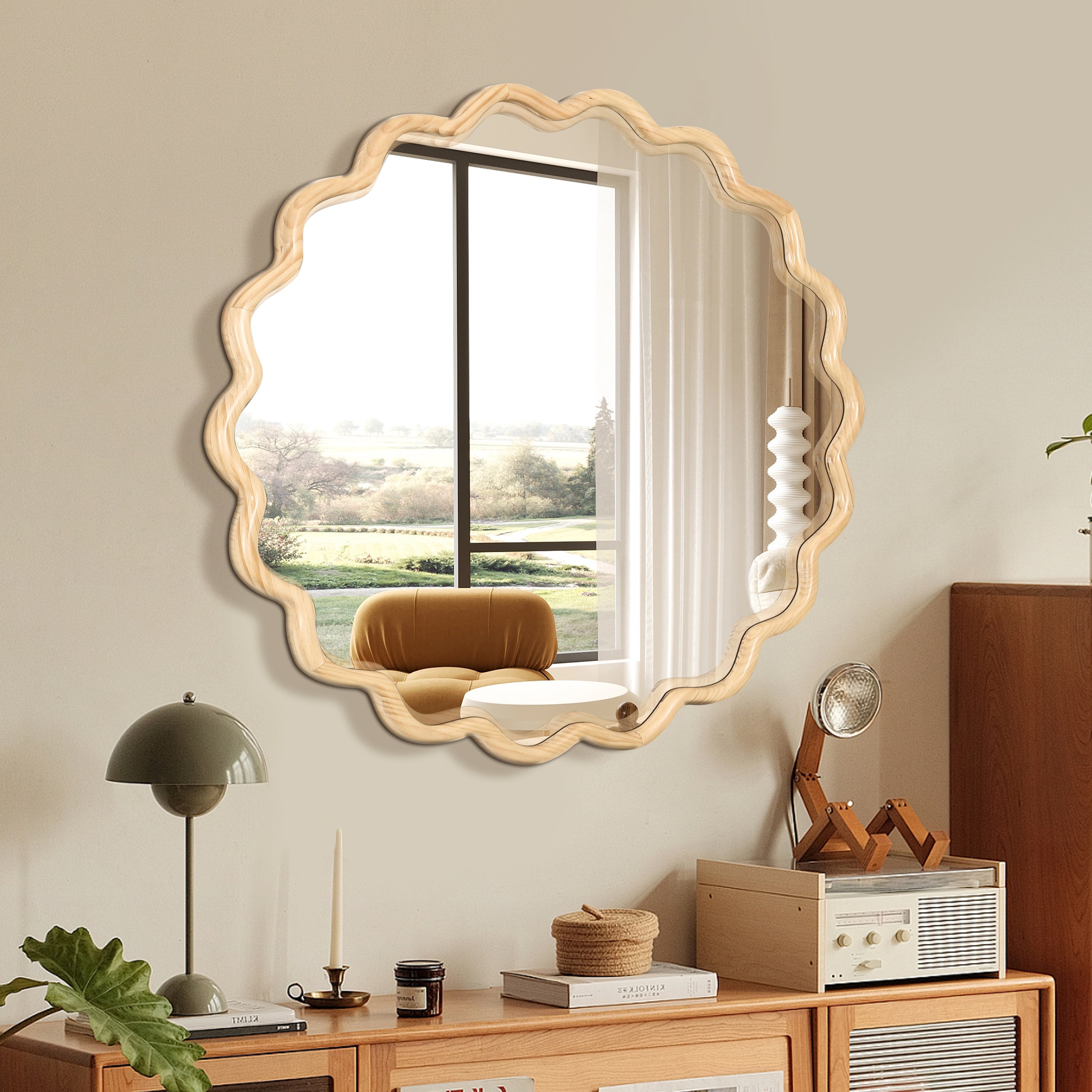 Solid Wood Wavy Mirror-Natural-Wood Vanity Mirror Wall Decor 42' x 42'