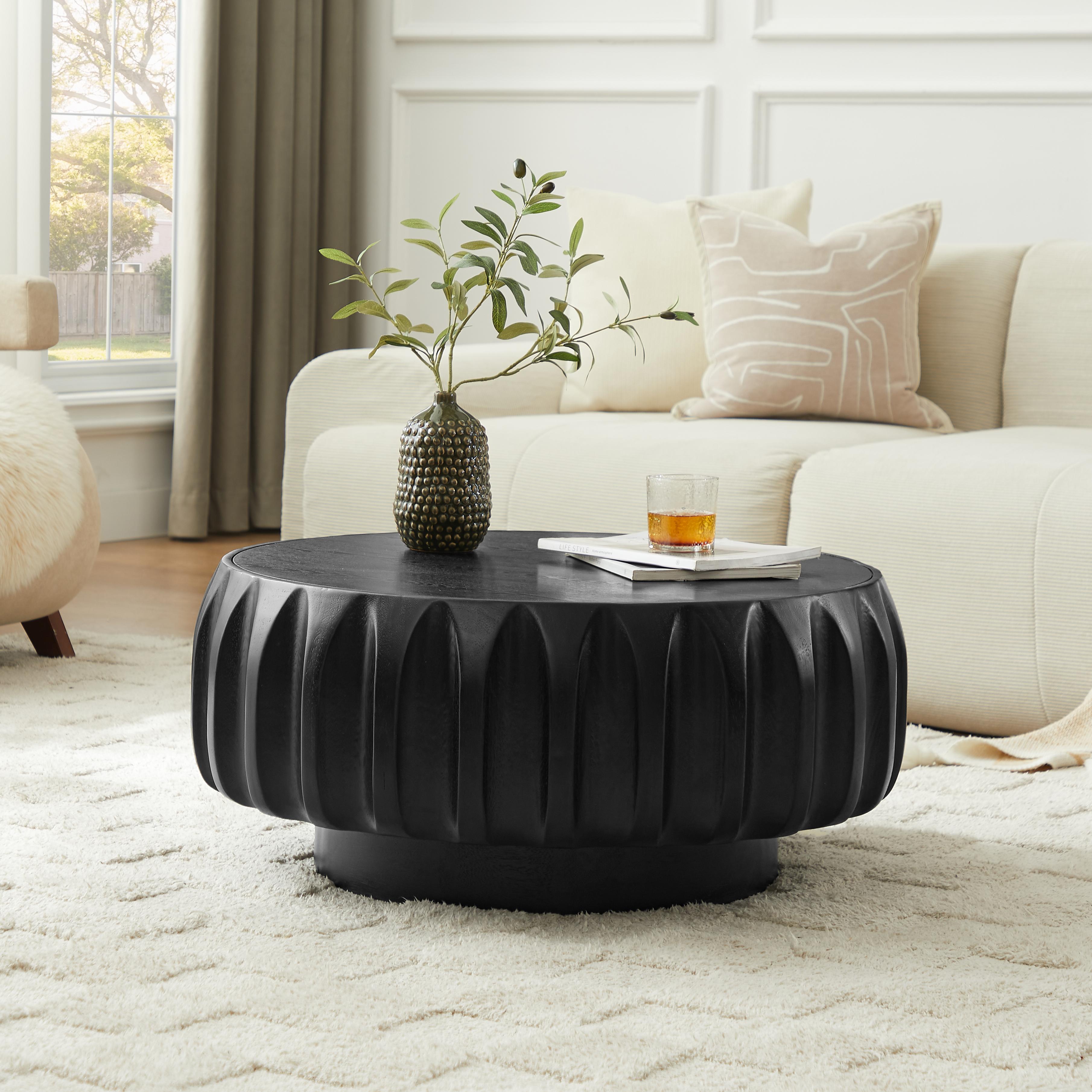 Round Solid Wood Carved Coffee Table with Elegant Sculptural Design