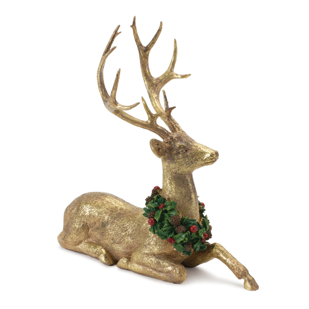 Laying Deer Figurine with Holly Wreath (Set of 2)