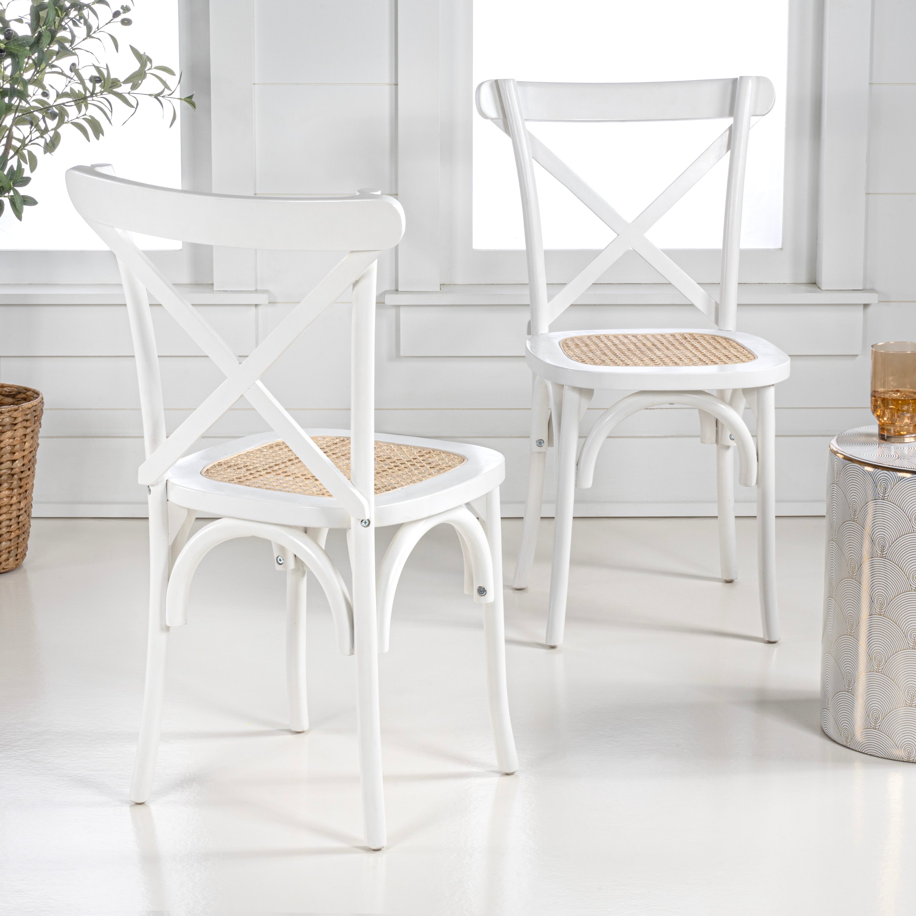 Cassis X-Back Wood Rattan Dining Chair, Set of 2