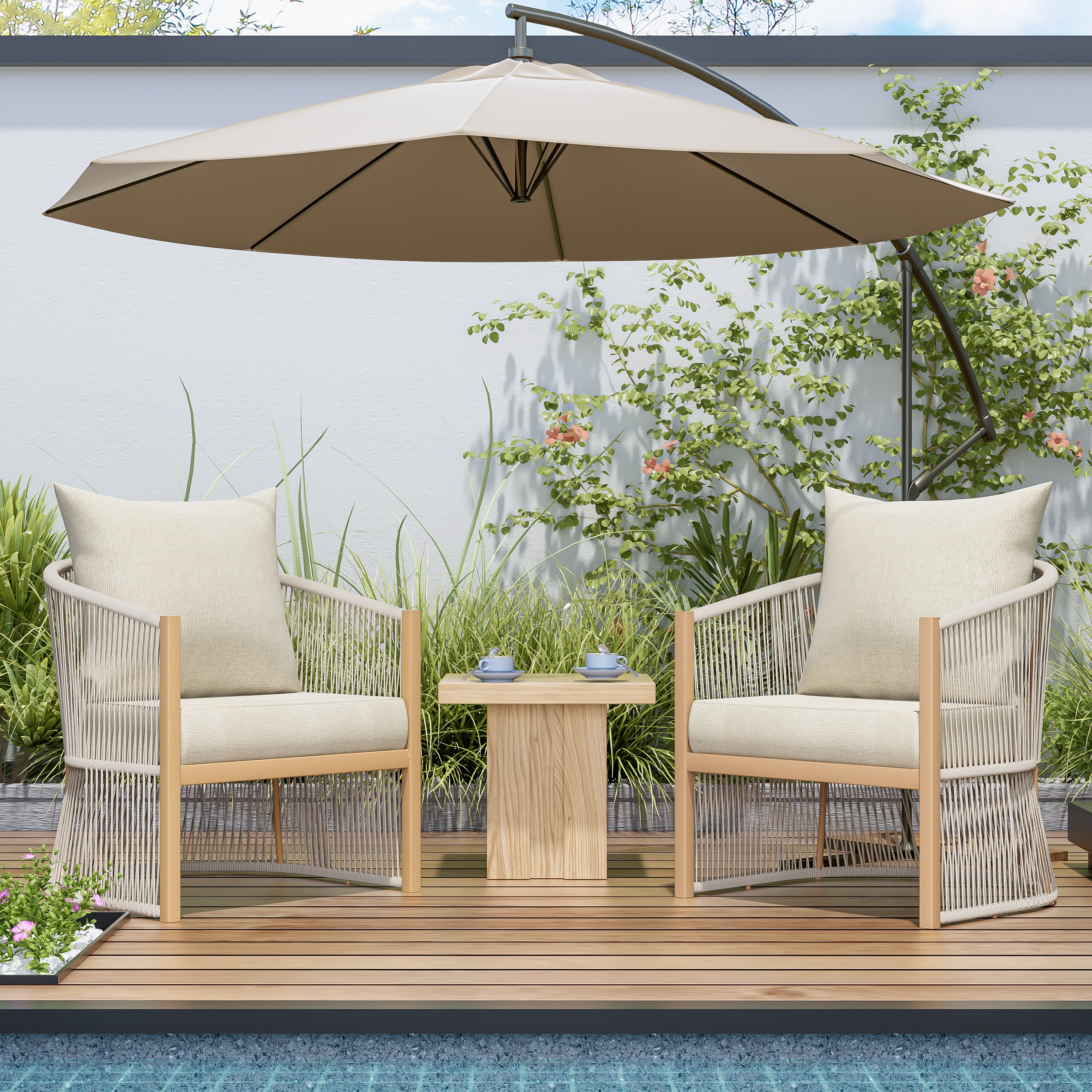 Outdoor Lounge Chair with Rope-Weave Design and Curved Back, Set of 2