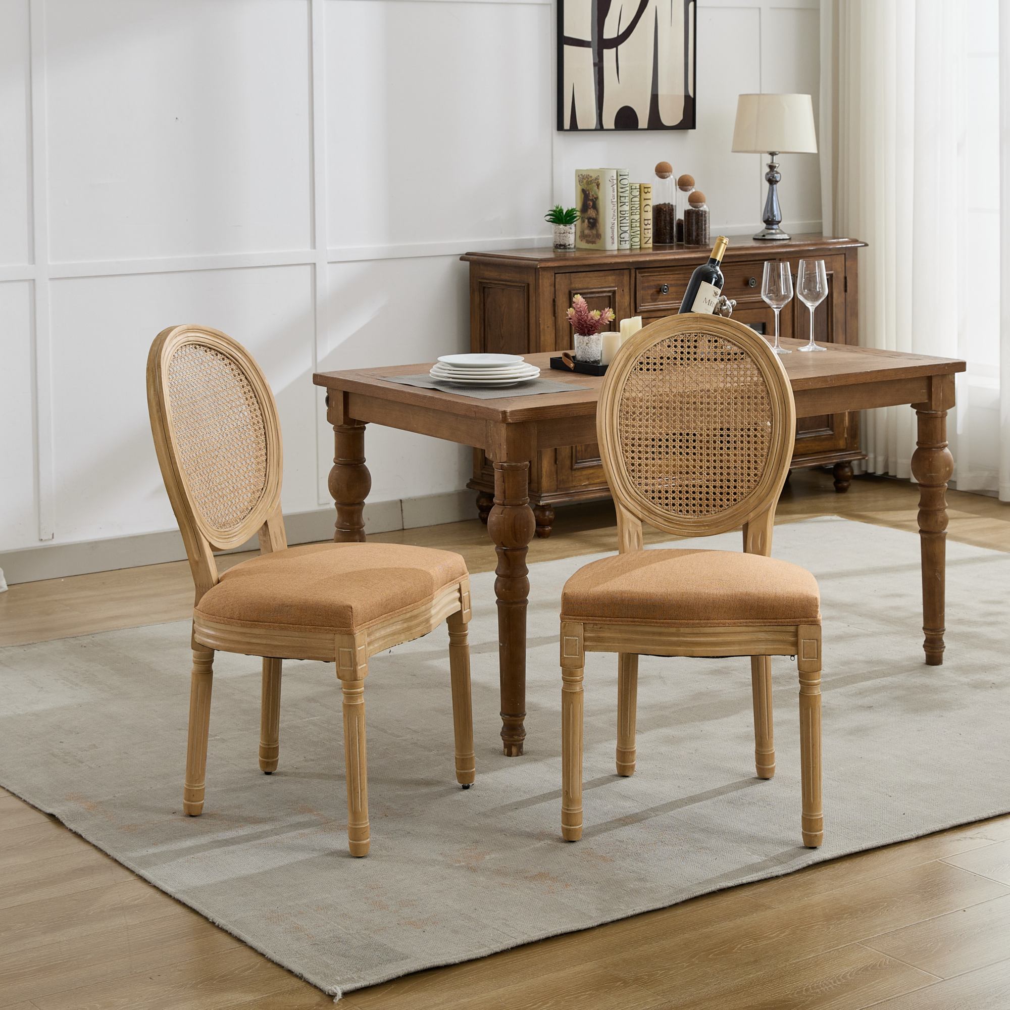 French Country Dining Chairs with Round Rattan Backrest, Set of 2