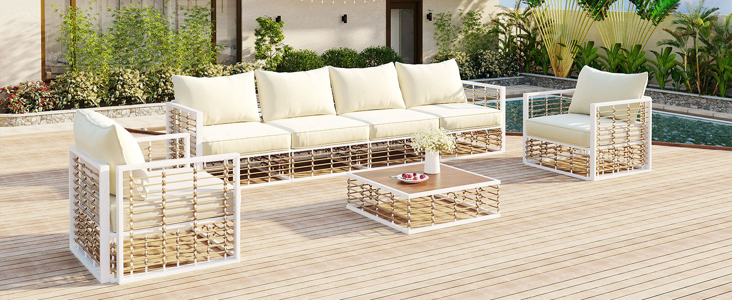 Modern Minimalist 7-Piece Metal All-Weather Conversational Furniture Set with Thick Cushions and Coffee Table