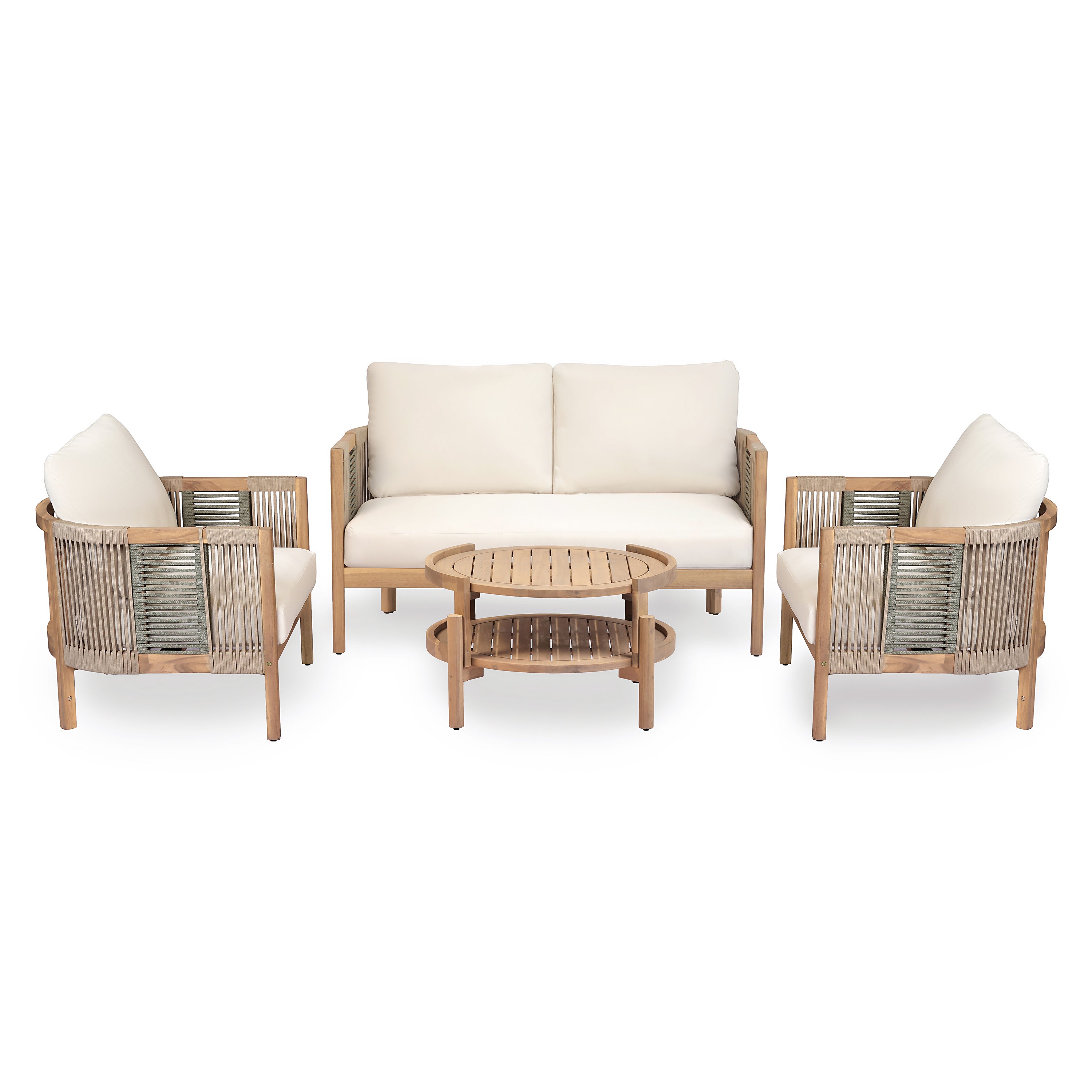 Outdoor Acacia Wood Club Chairs,Teak look+Beige cushion+(Beige+Light Green)rope