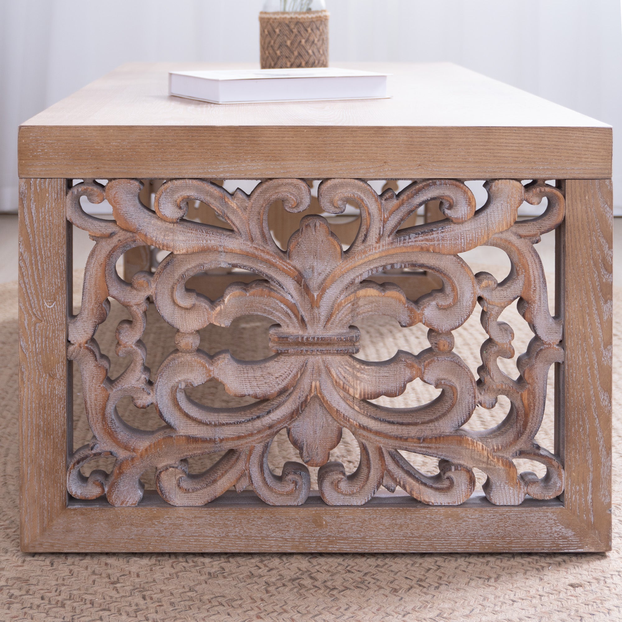 Handcrafted Rustic Wood Coffee Table with Ornate Side Panels