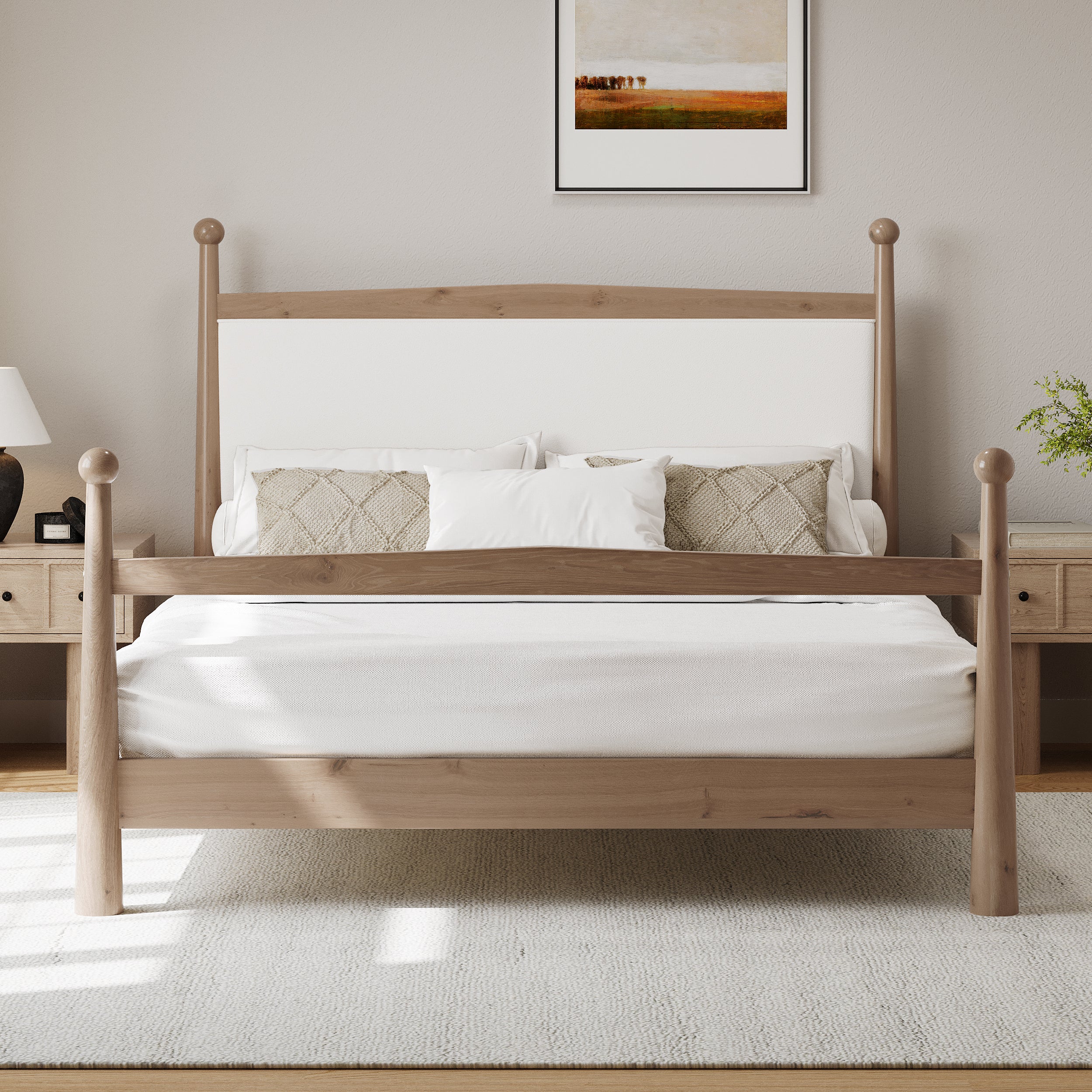 Mid-Century Modern Wood Platform Bed with Upholstered Headboard