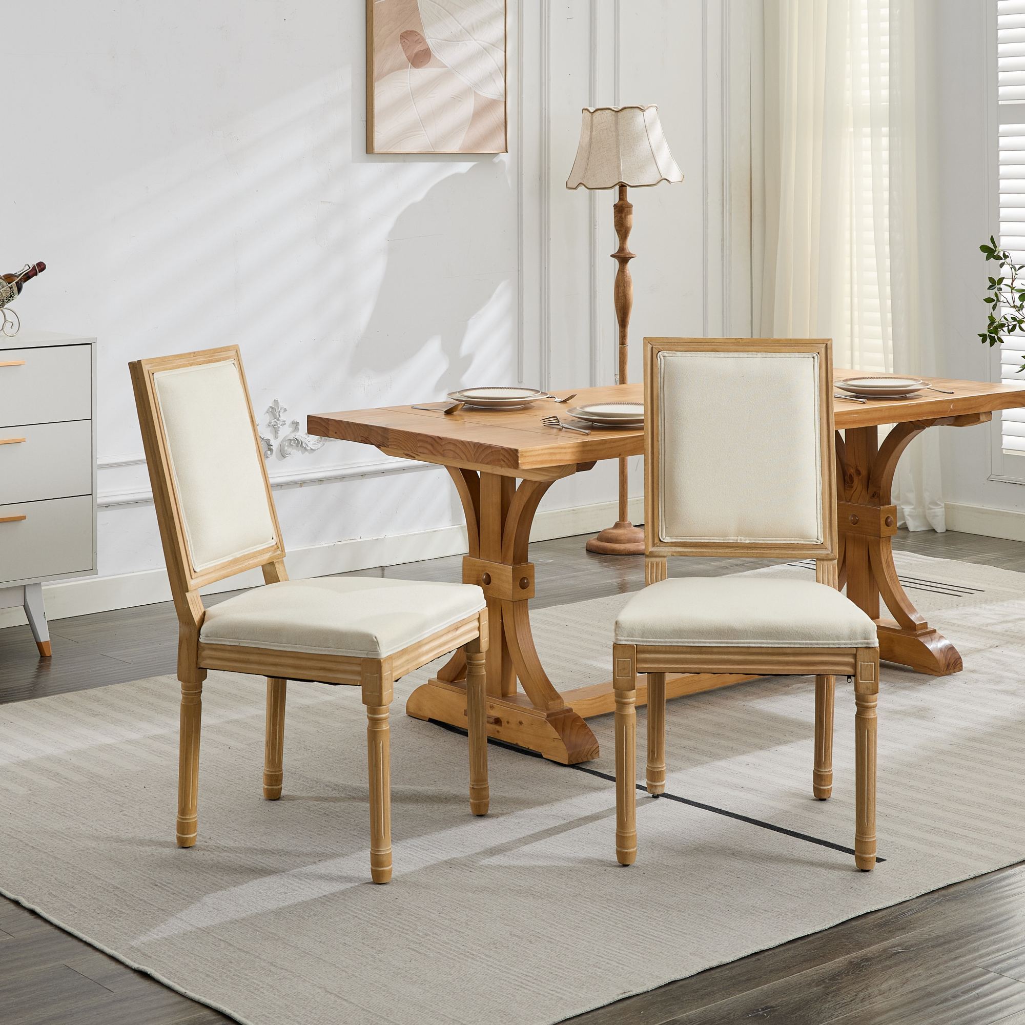 Louis French Country Dining Chairs with Square Upholstered Backrest, Set of 2