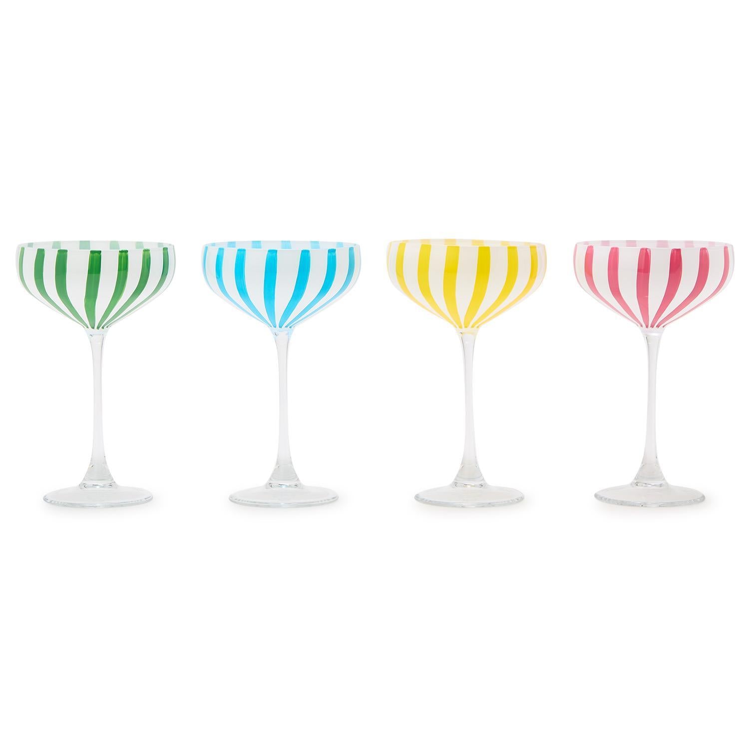 Stripe Hand-Painted Coupe Glass Incl 4 Colors, Set of 4