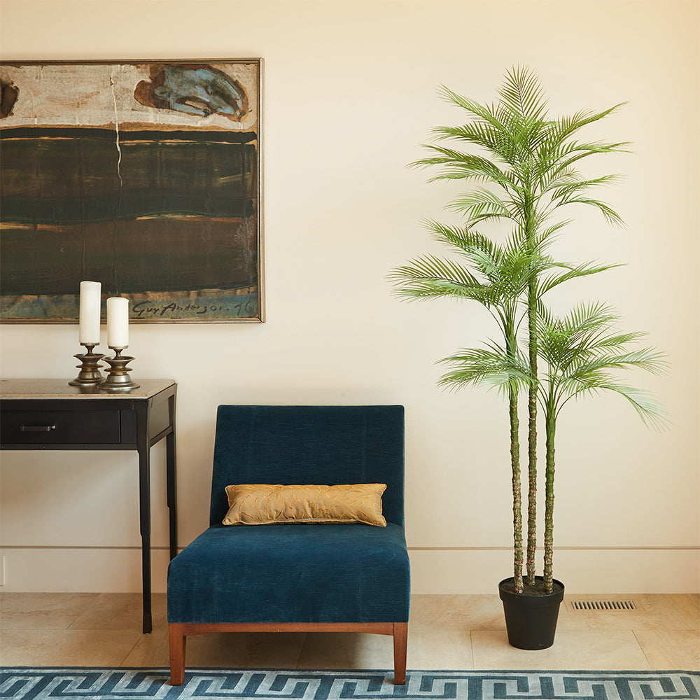Close up of CG Hunter Faux Palm Tree 7' silk lifelike leaves and handpainted tree branches and handpainted tree trunk