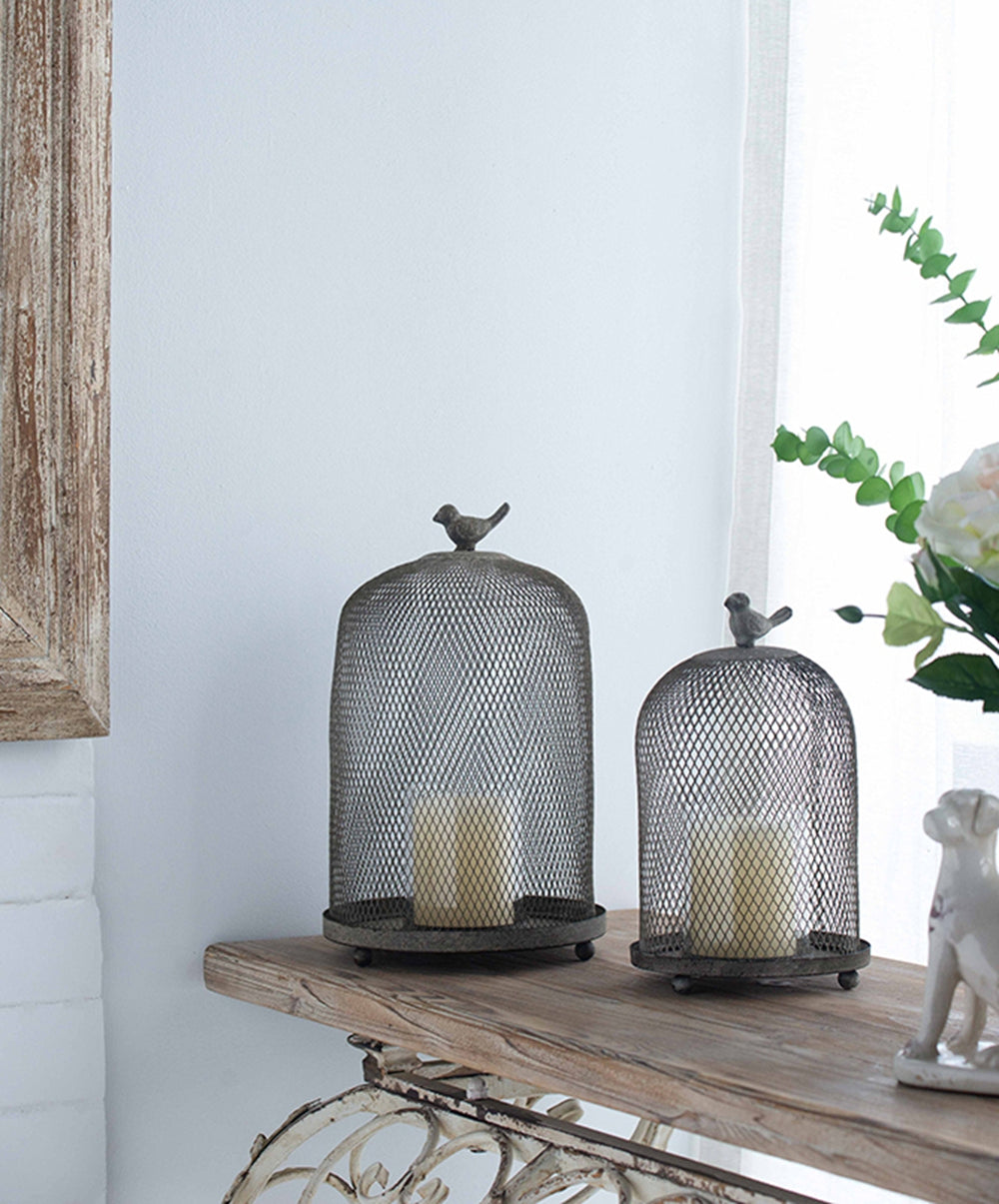 Candle Holder with a Bird Atop Domed Mesh, Set of 2