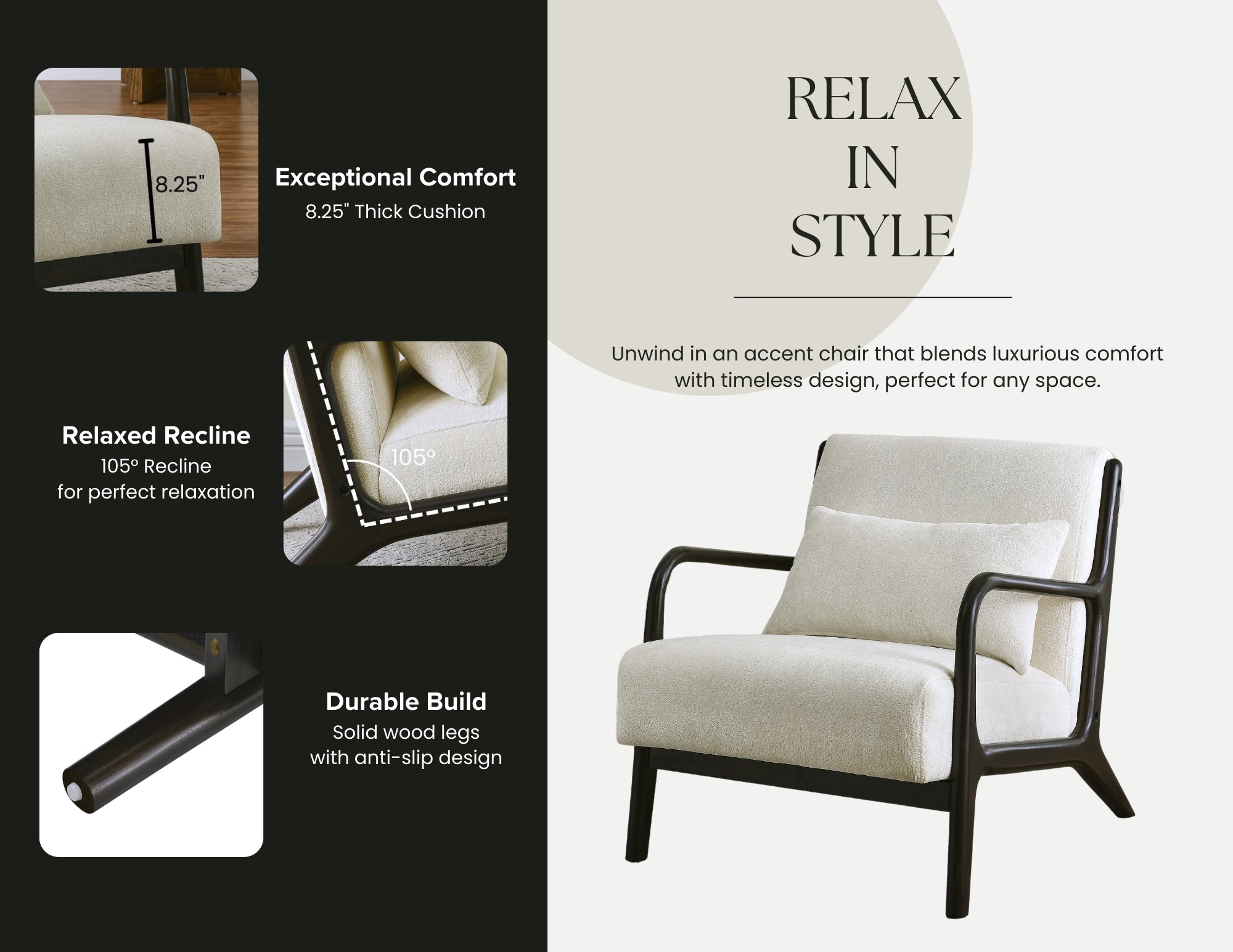 Eterna Mid-Century Modern Style Accent Chair with Removable Lumbar Pillow