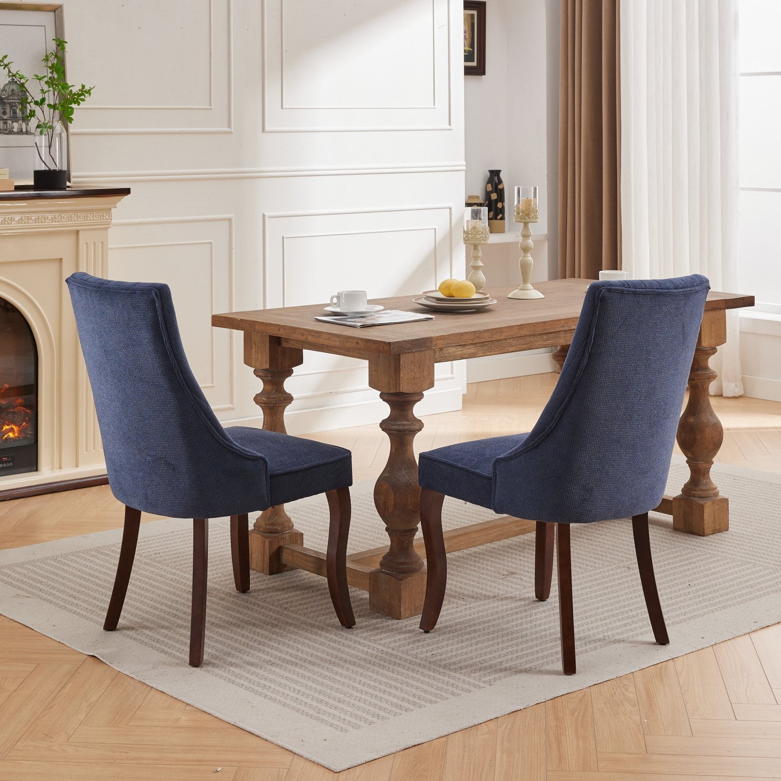Rayon Cloth Flocking Linen Dining Chairs Channel Kitchen Dinner Chair Comfy Fabric Upholstered Accent Chair for Dining Room with Curved Solid Wood Legs,Set of 2 (Blue), SW1847BL