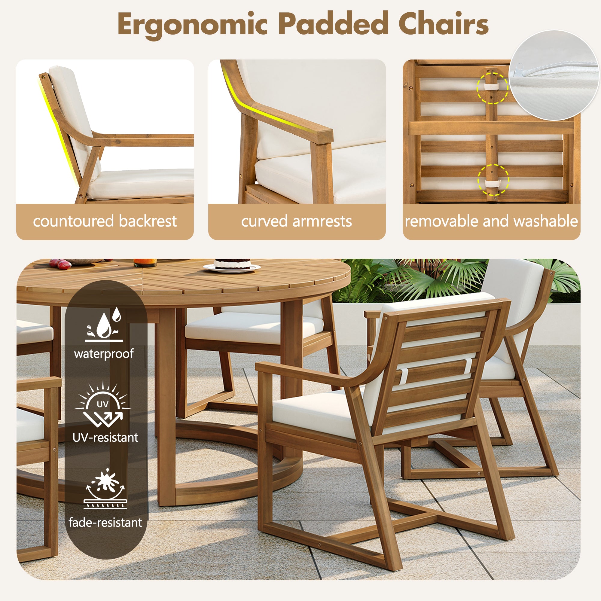 TREXM Patio Dining Table Set for 6, Round Dining Table with 1.96" Umbrella Hole, Outdoor Wooden Patio Furniture Set with Removable Cushions for Garden, Backyard and Pools (Light Teak+Beige Cushion)