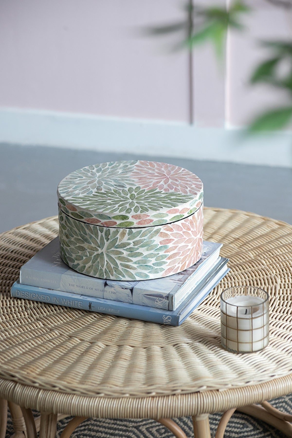 Pink & Green Round Capiz Decorative Storage Box