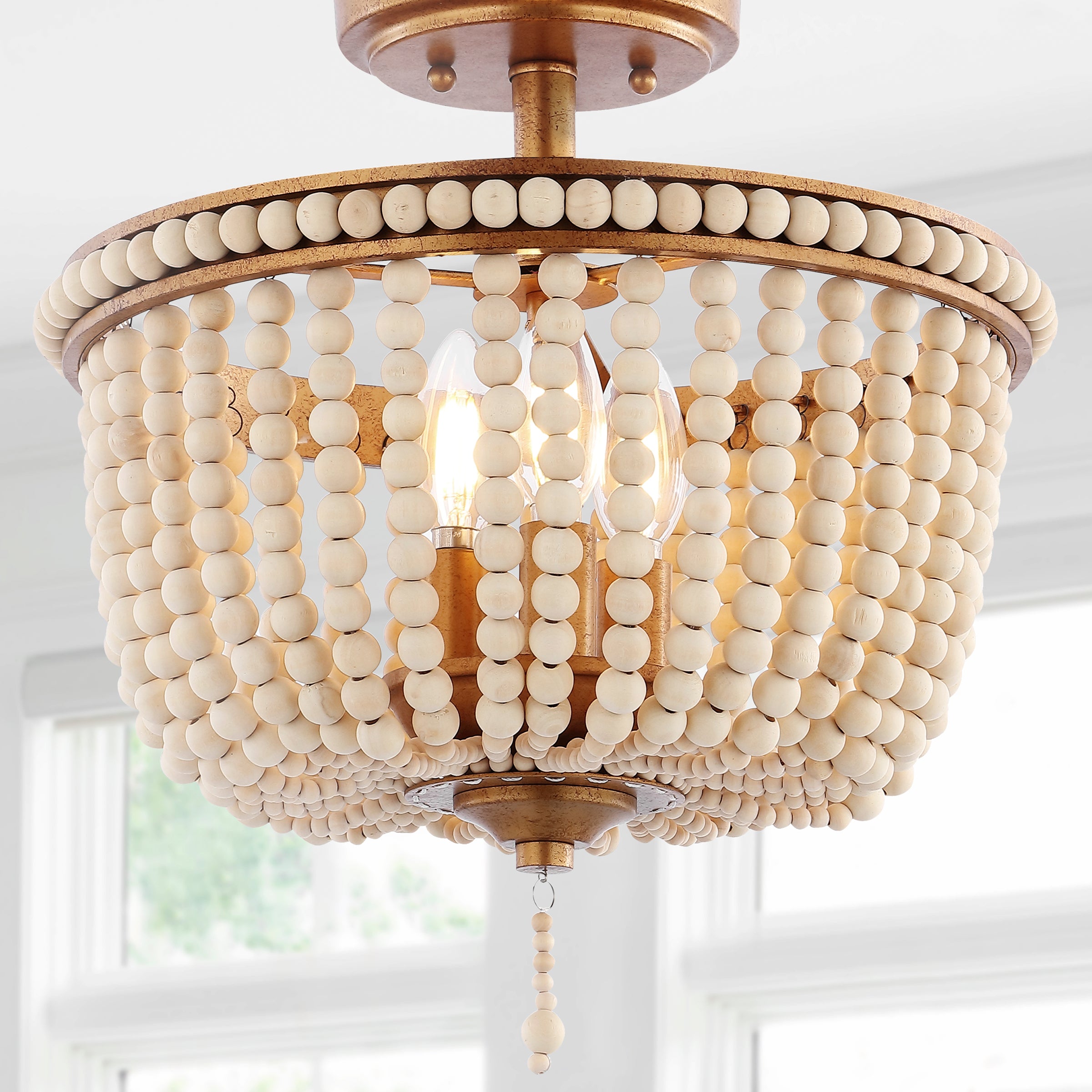 Allie 3-Light Bohemian Farmhouse Wood Bead/Iron LED Semi Flush Mount